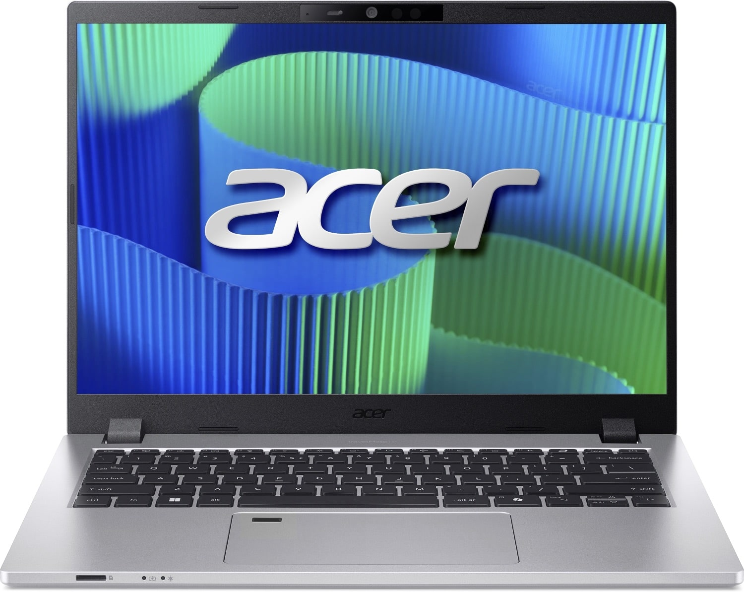 Otwarty srebrny laptop Acer z niebiesko-zielonym falistym wzorem na ekranie.