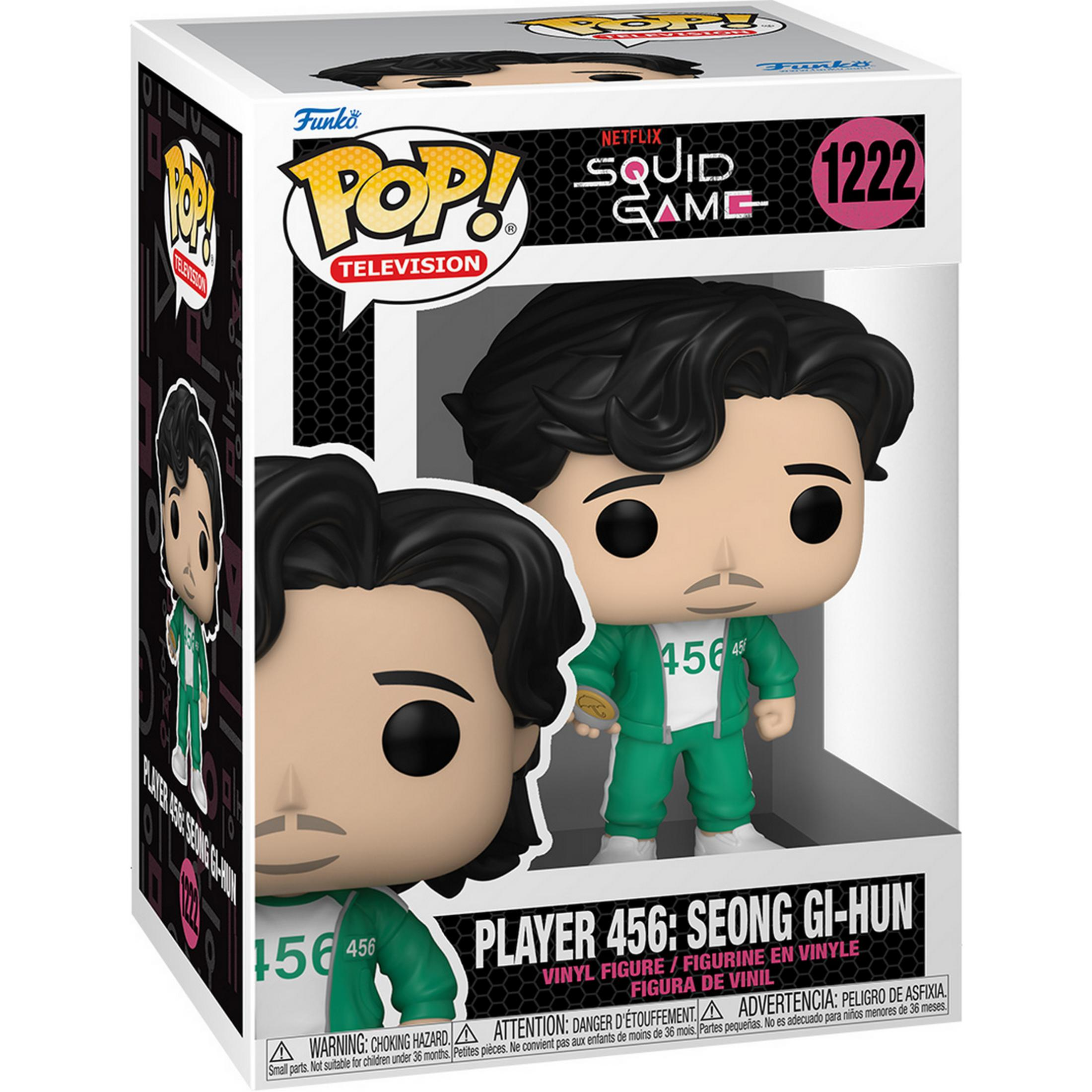 Funko Pop Figur von Seong Gi-Hun aus Squid Game, trägt grüne Kleidung mit Nummer 456.