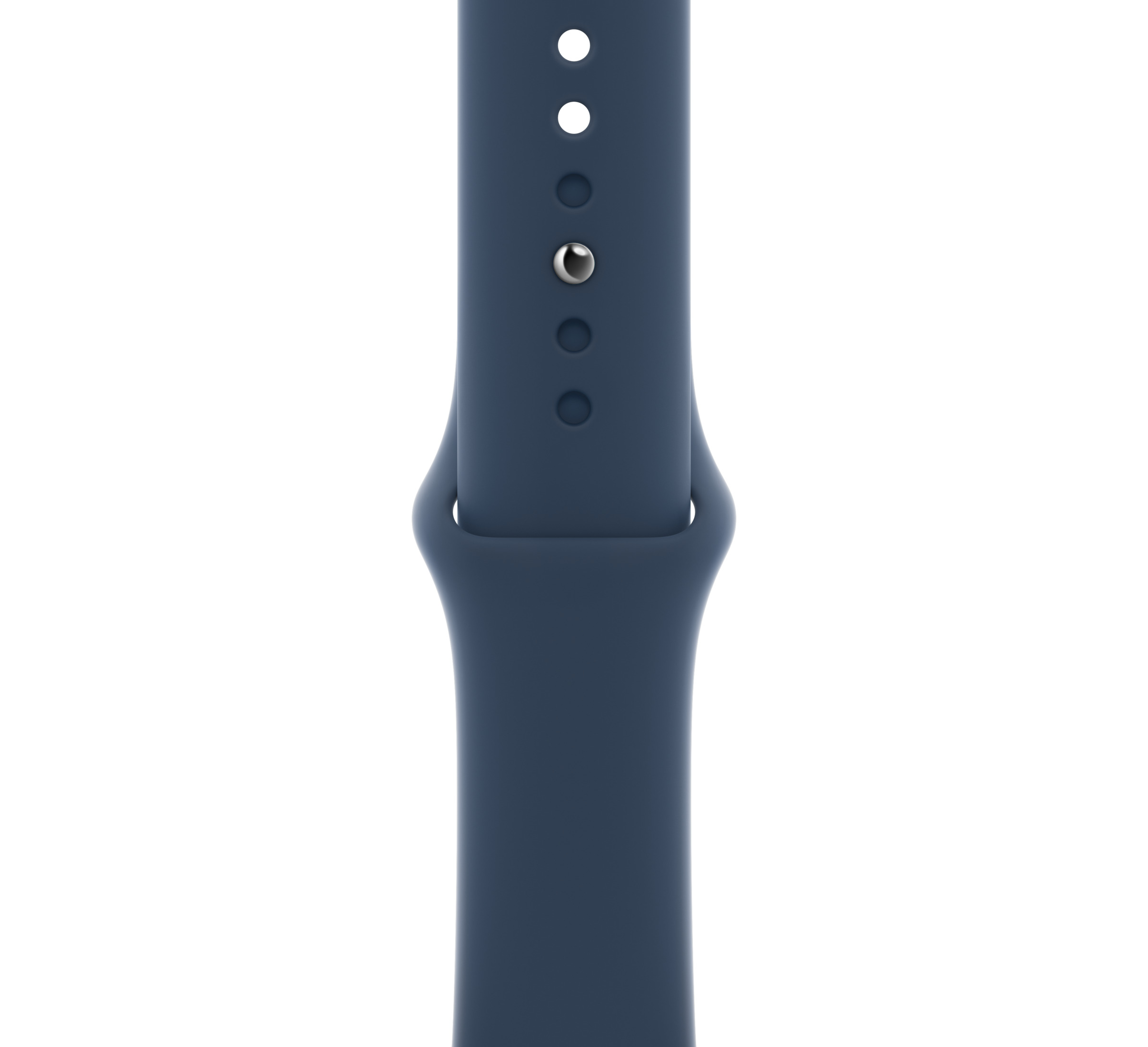 Cinturino blu scuro per Apple Watch con perno argentato e dettaglio foro.