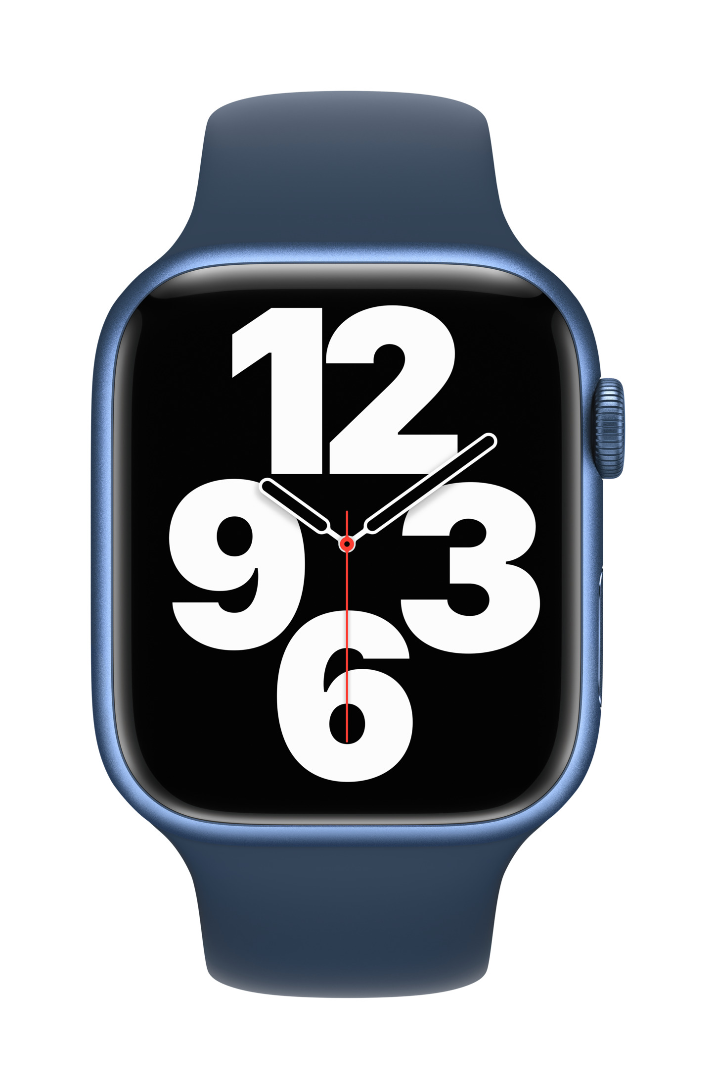 Uno smartwatch blu con schermo nero che mostra i grandi numeri bianchi 12, 9, 3 e 6.