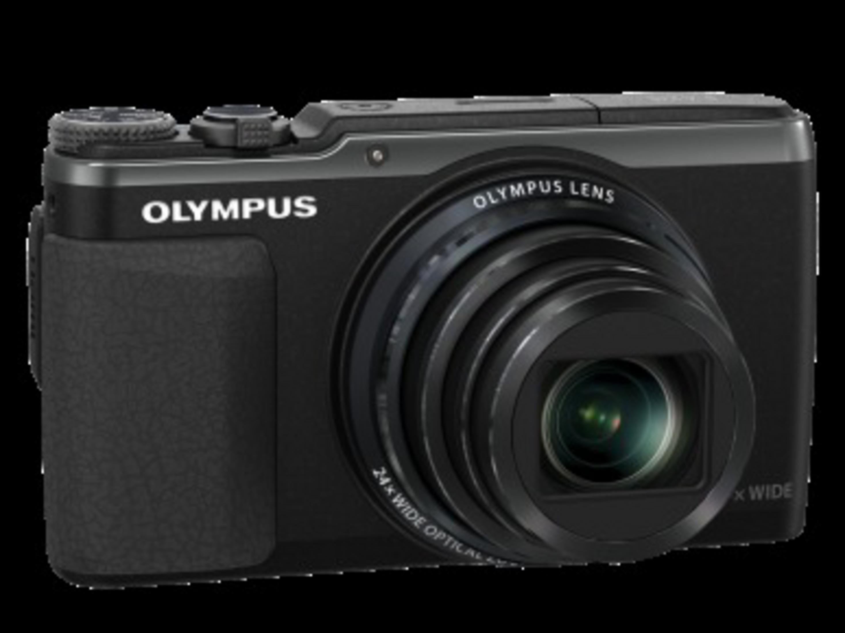 Schwarze Olympus-Kamera mit 24x optischem Weitwinkelzoomobjektiv.