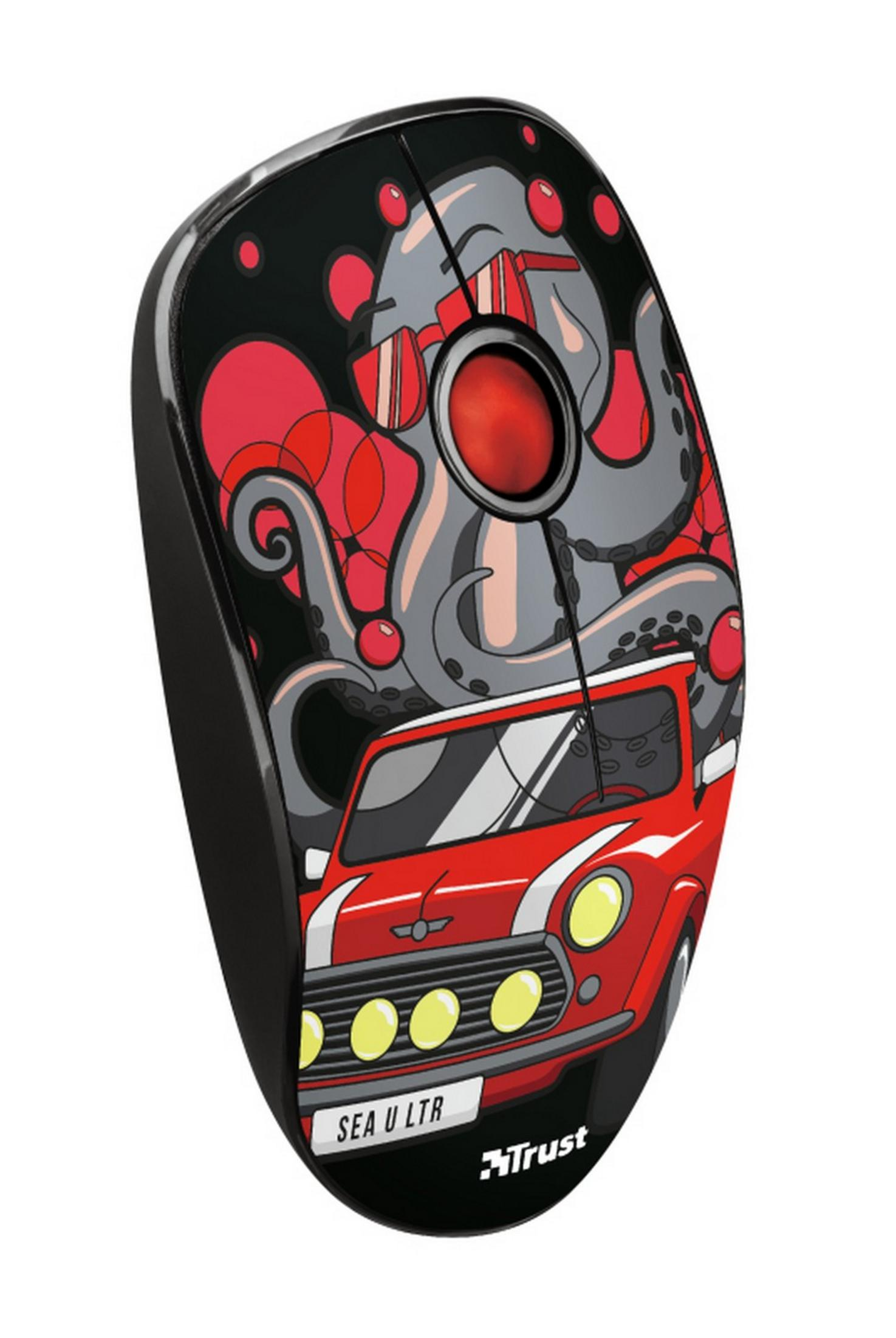 Un mouse per computer con un'auto rossa e un design di polpo.