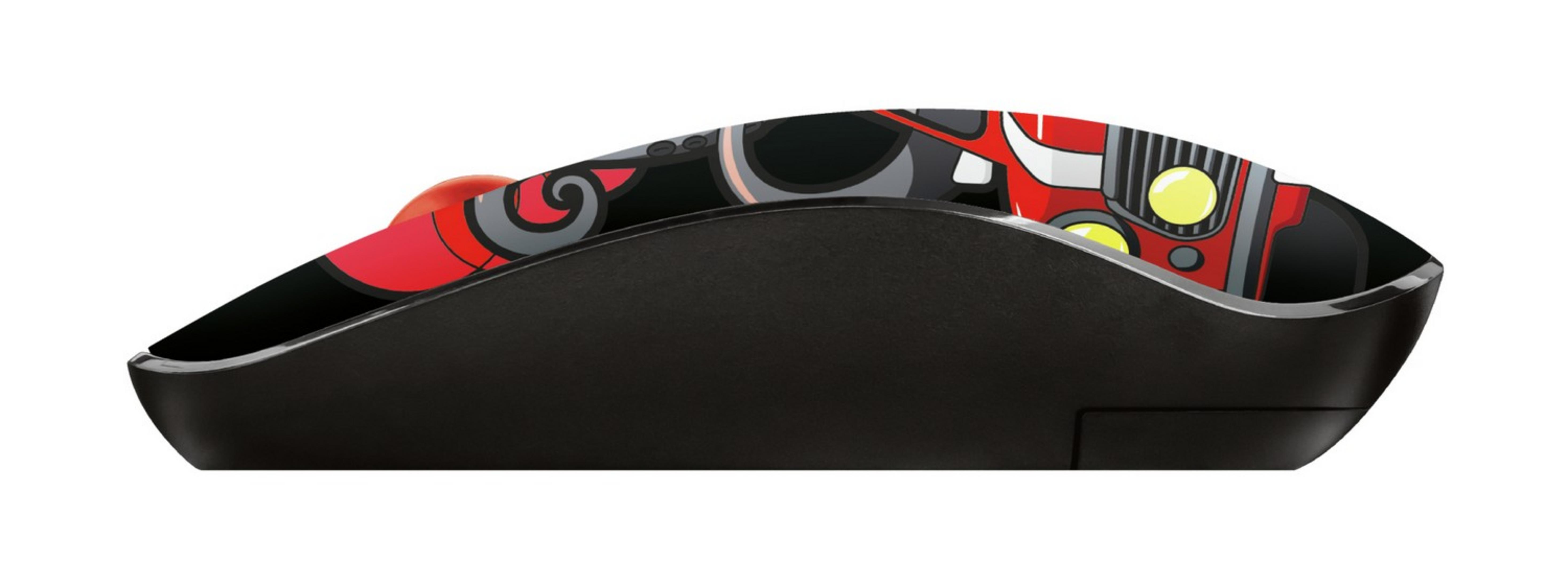 Mouse nero con design rosso di un camion con fari e griglia.