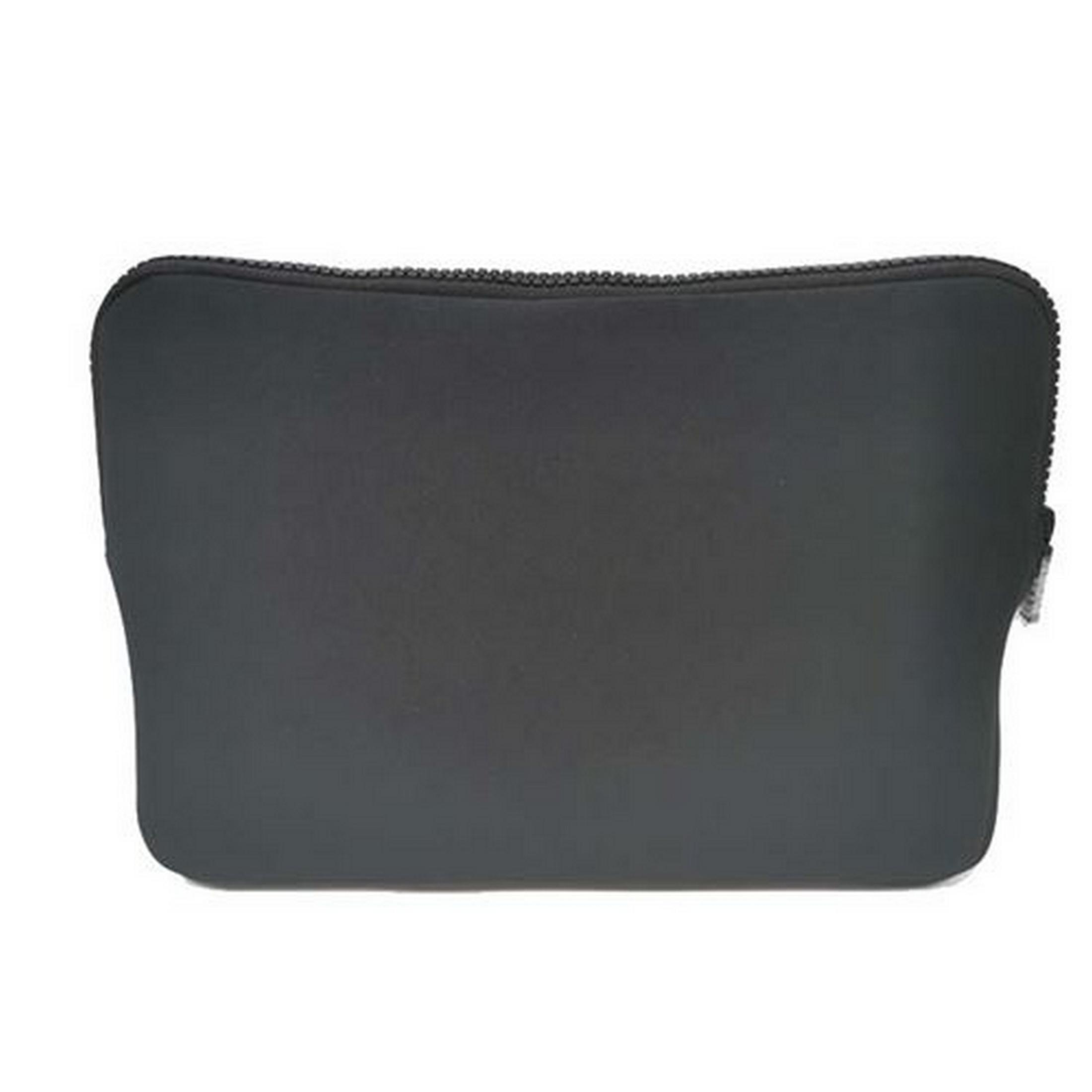 Una bolsa rectangular negra con cremallera sobre fondo blanco.