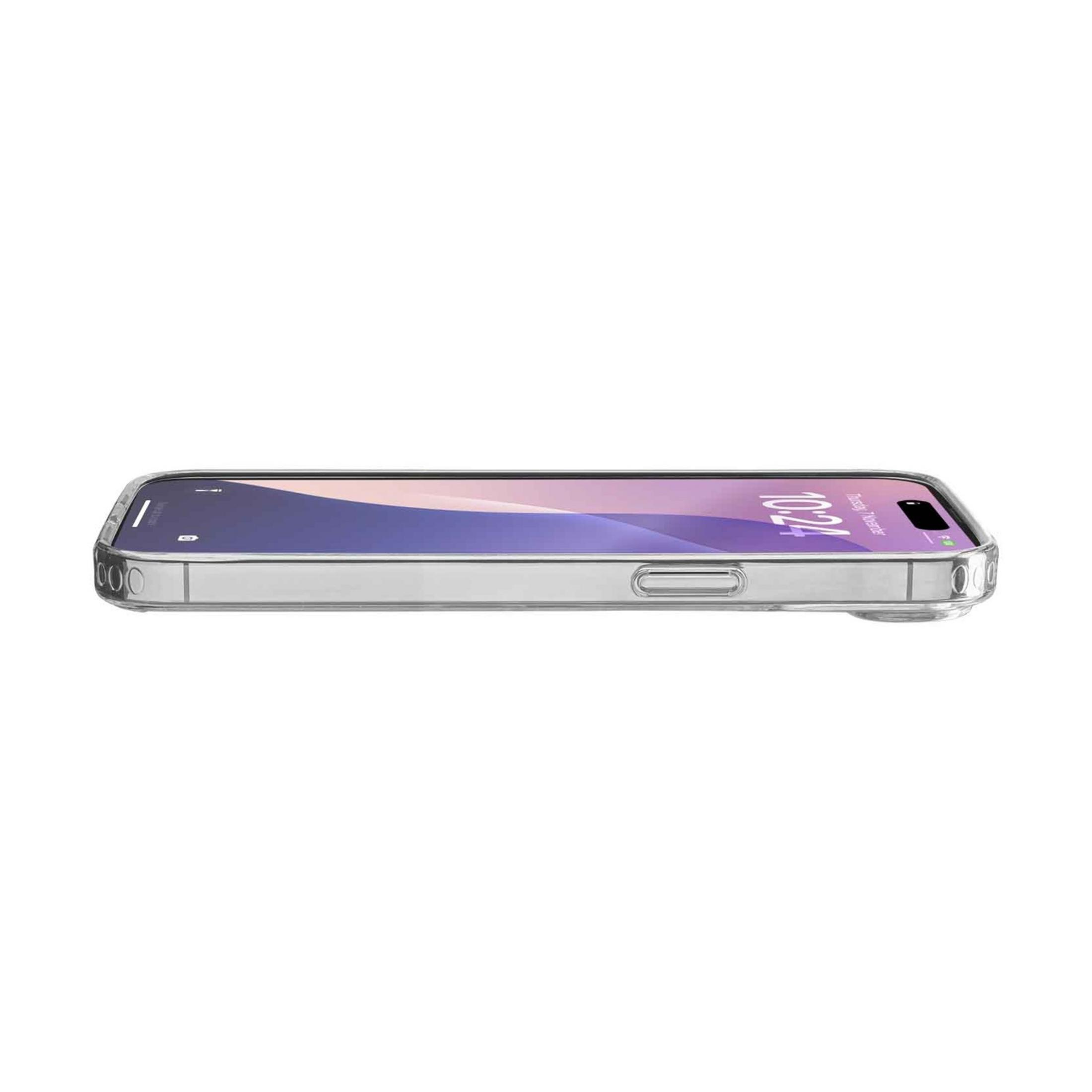 Una cover trasparente per telefono vista di lato su sfondo bianco.