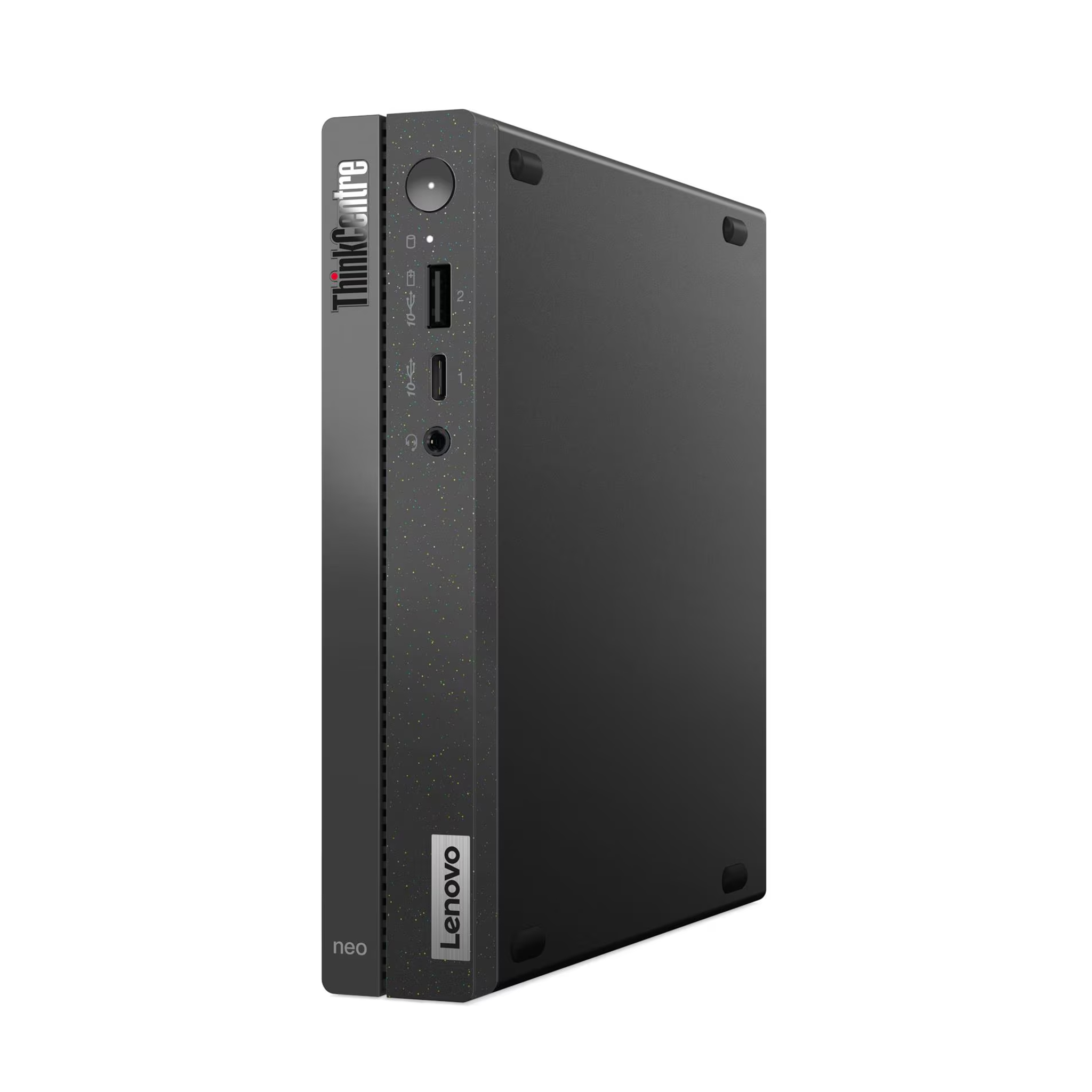 Siyah Lenovo ThinkCentre Neo bilgisayar, portlar ve logo.
