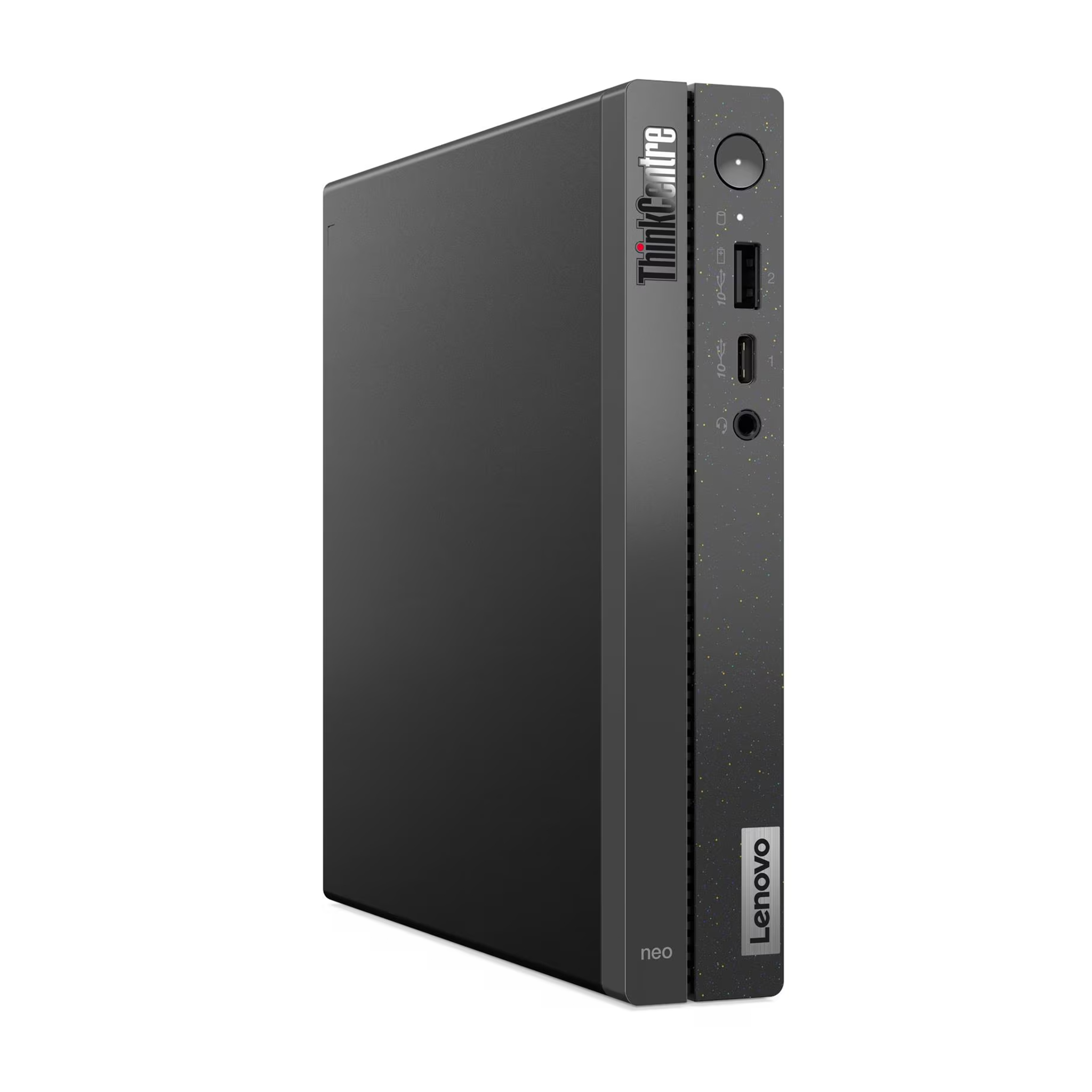 Ön portlu ve düğmeli siyah bir Lenovo ThinkCentre Neo mini PC.