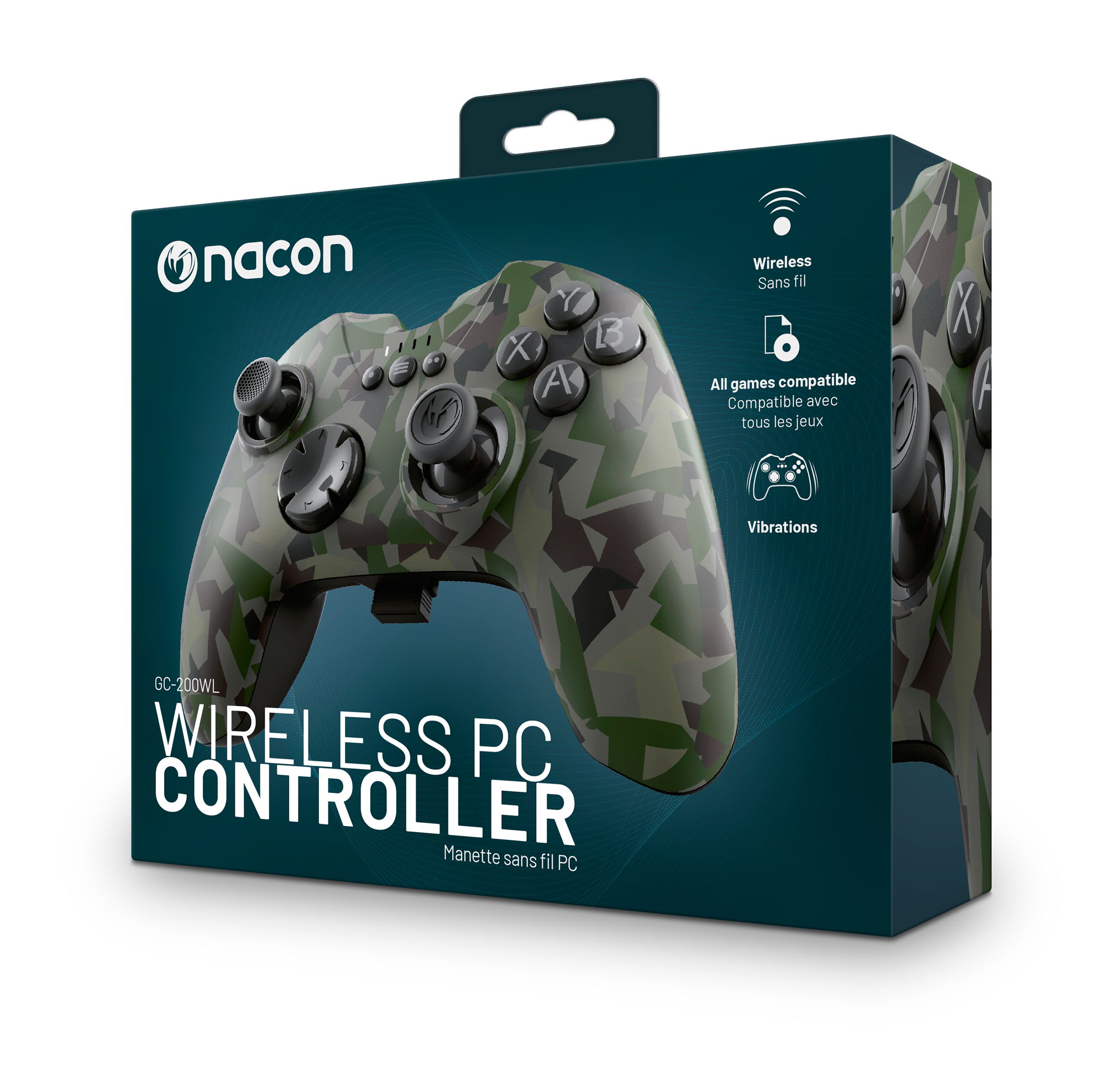 Nacon kabelloser PC-Controller in Tarnfarben, Vorderansicht der Verpackung.