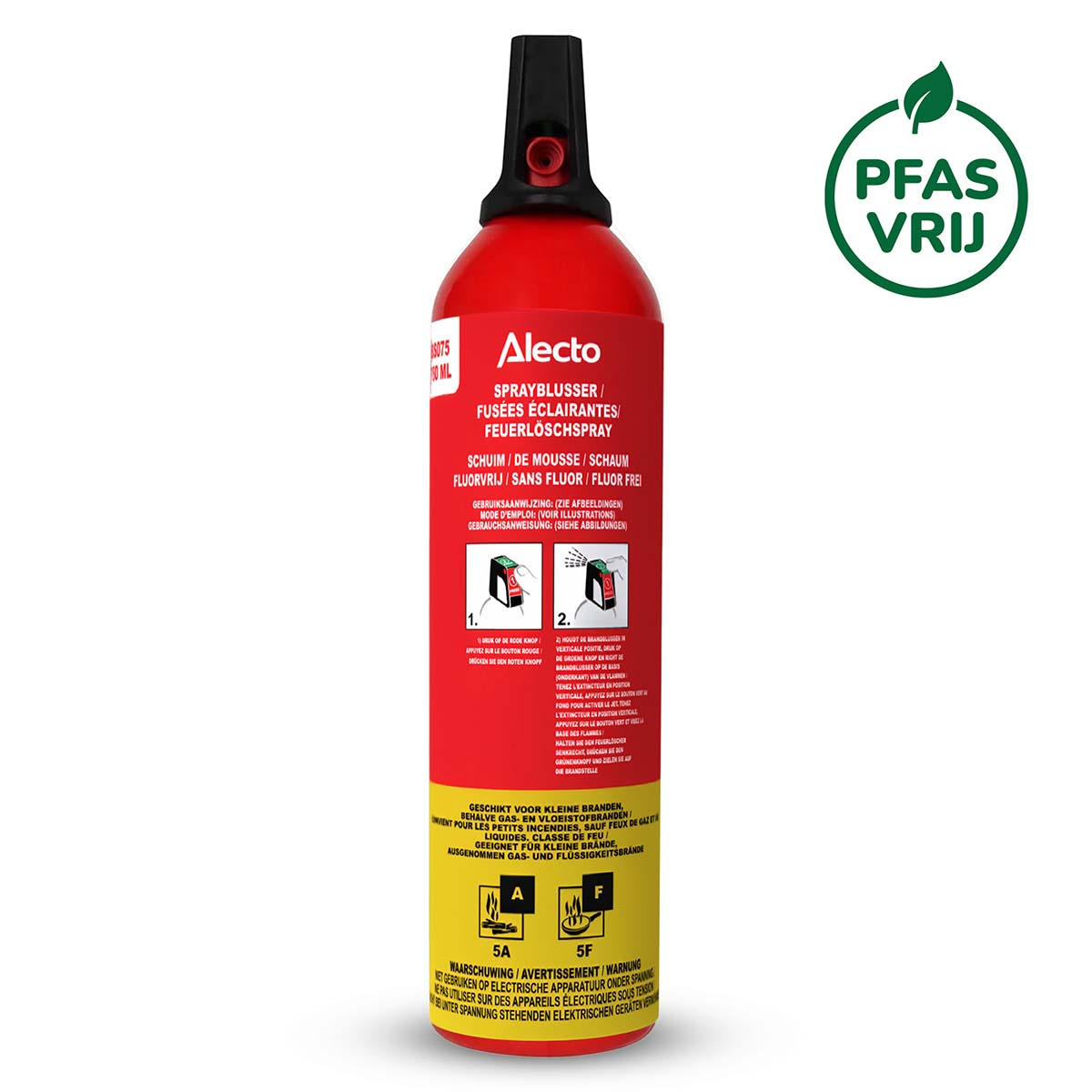 Rode Alecto brandblusser met instructies en PFAS-vrij-zegel.