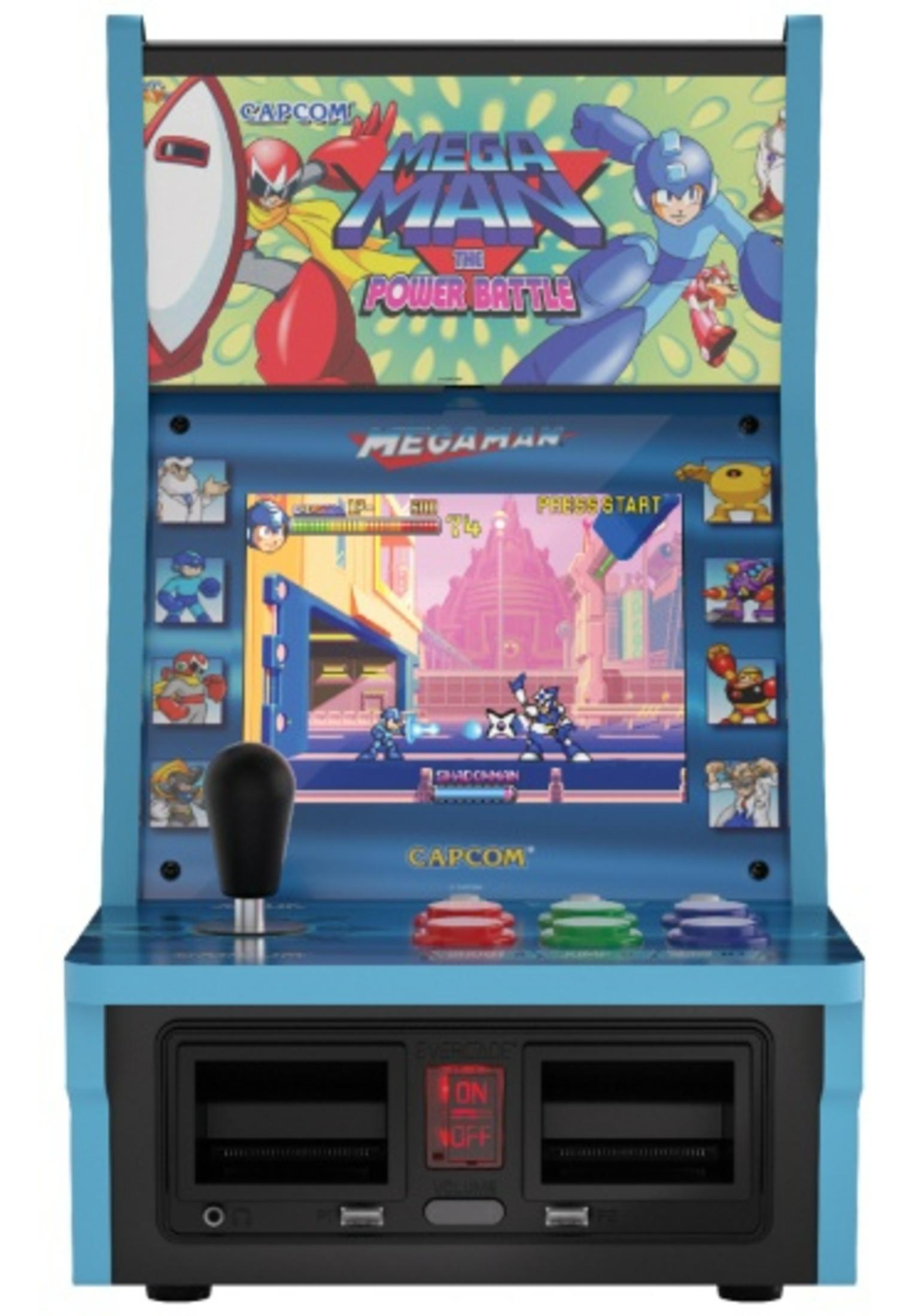Una consola de videojuegos arcade azul claro con gráficos de Mega Man y pantalla.