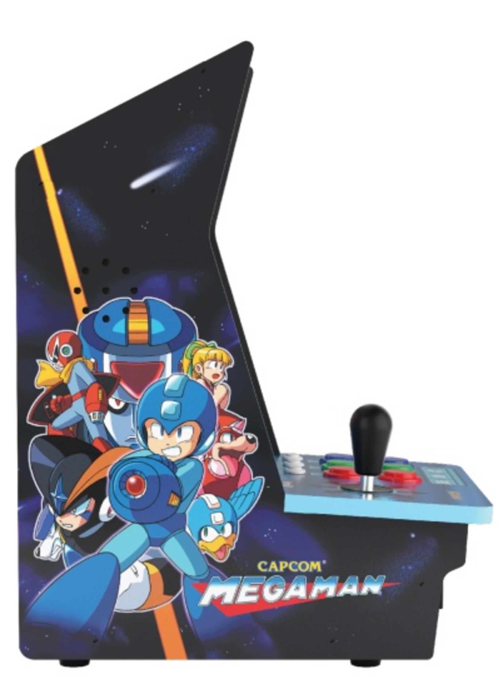 Máquina arcade con personajes de Mega Man y temática espacial.