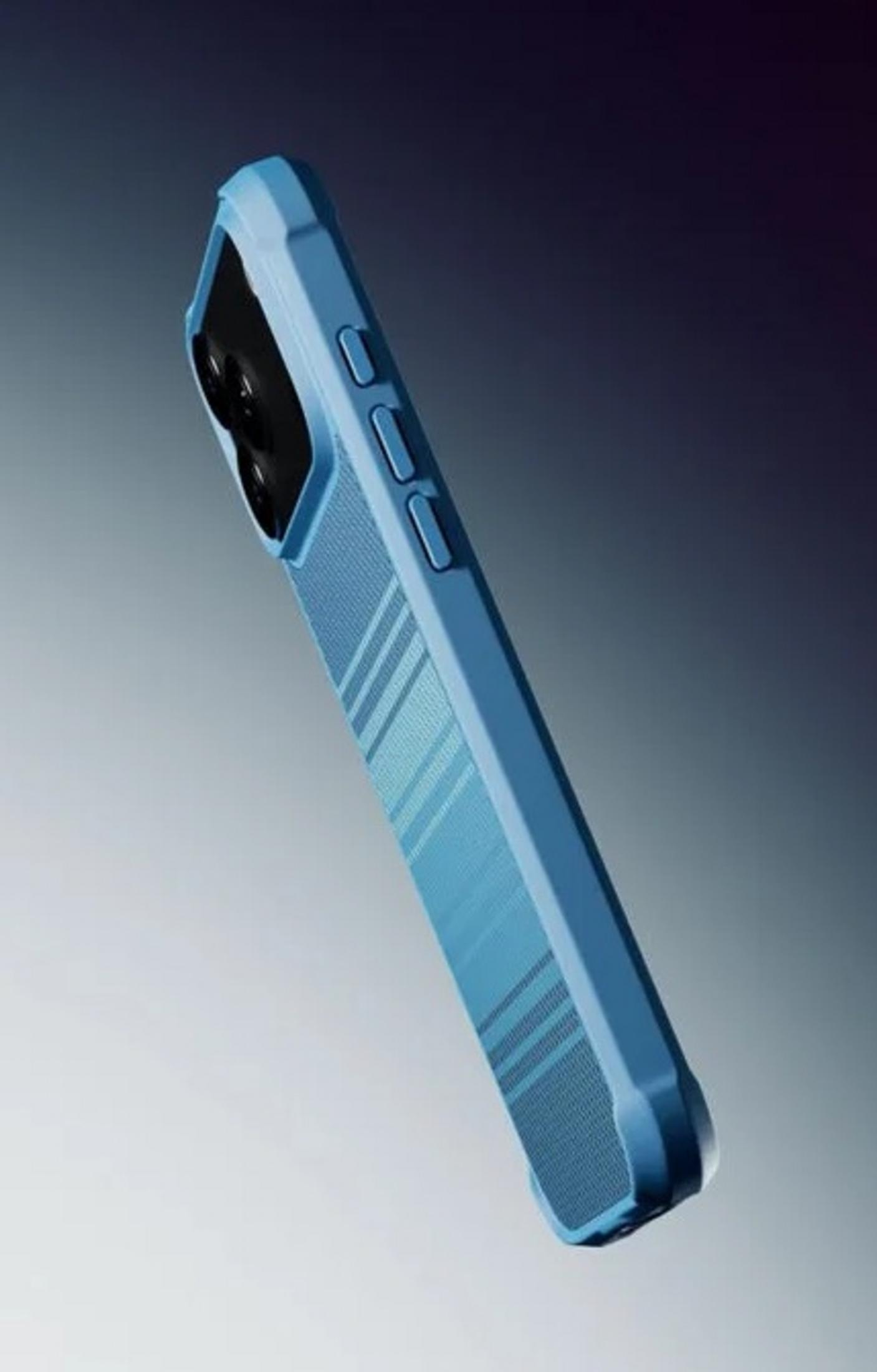 Una custodia per telefono blu con protezione per fotocamera e motivo a strisce.