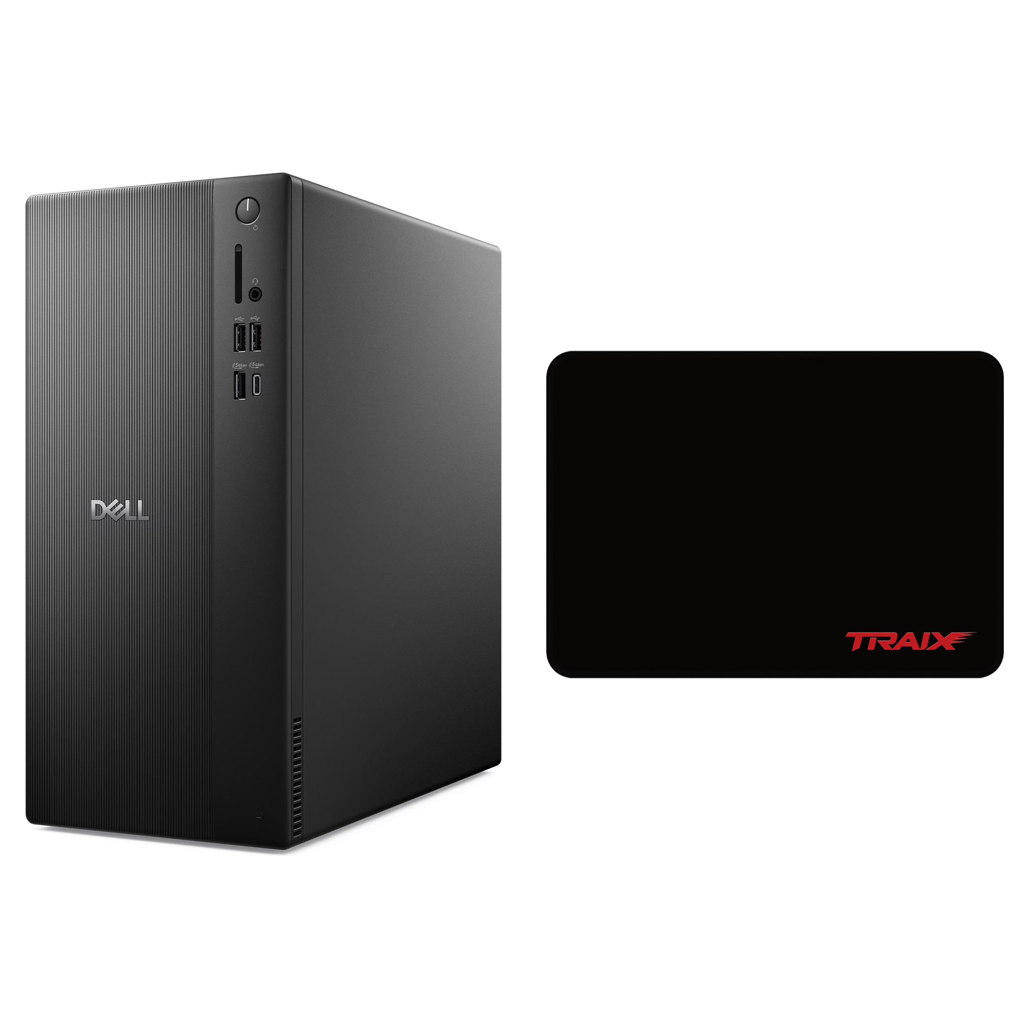 Kırmızı logolu siyah Dell PC ve siyah mousepad.