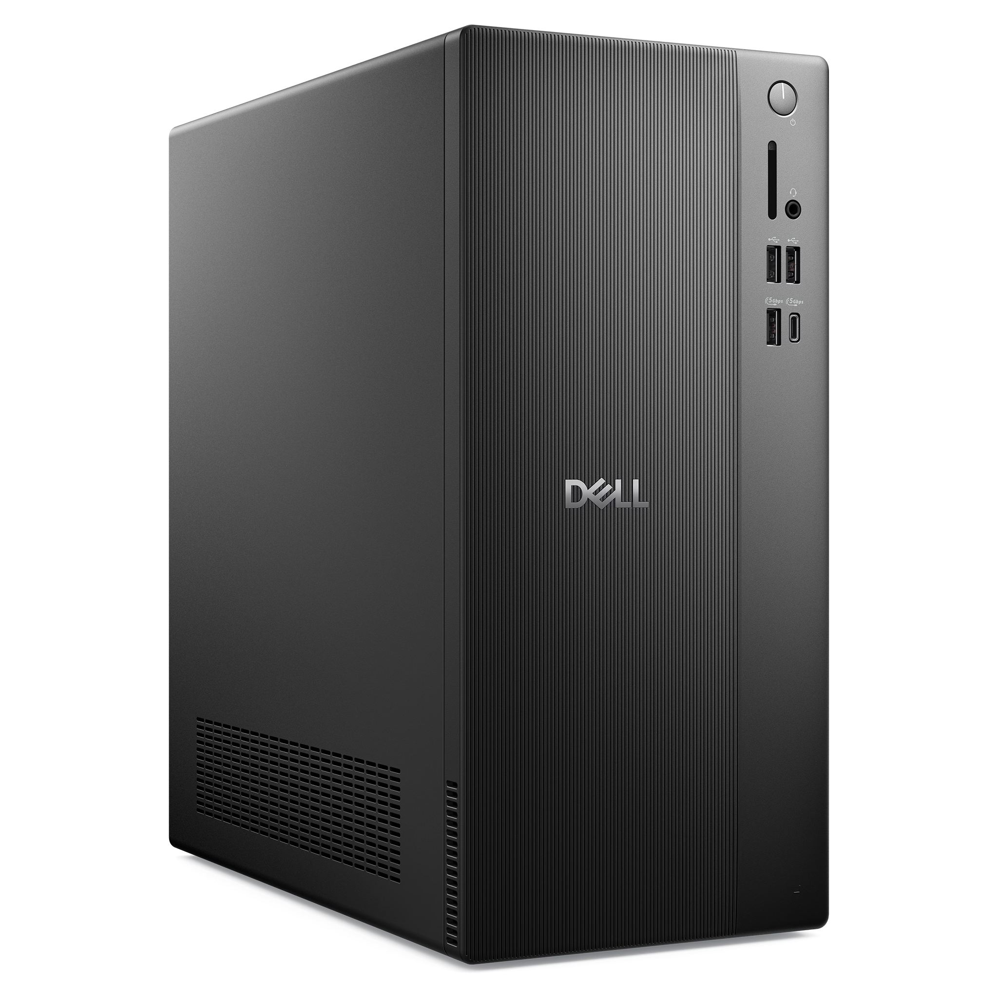 Dikey ön oluklu ve bağlantı noktalı siyah Dell PC kulesi.
