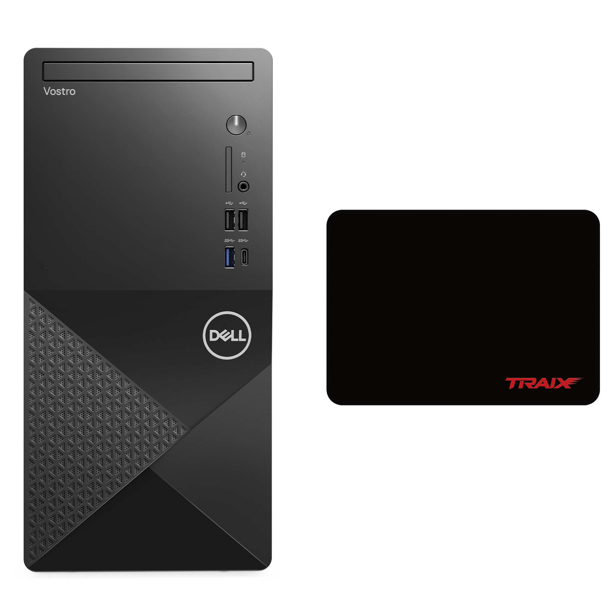 Siyah Dell Vostro PC ve kırmızı TRAIX logolu siyah mousepad.