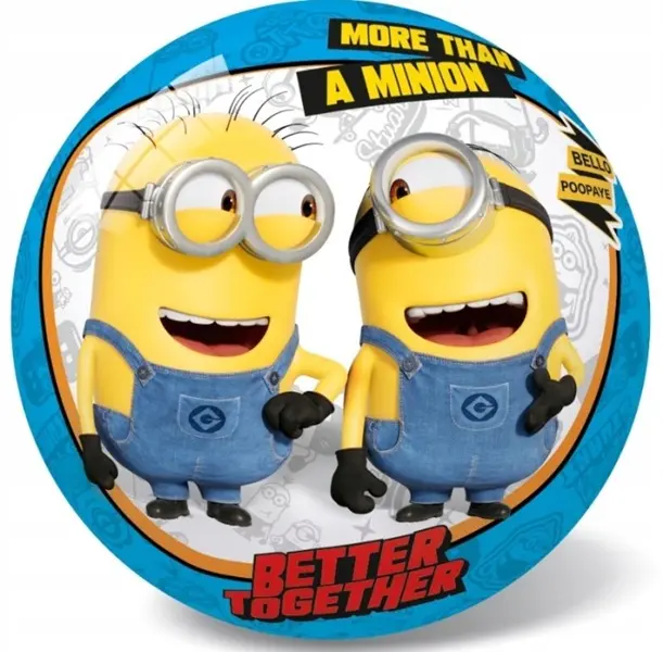 Dwóch żółtych Minionków w niebieskich ogrodniczkach i goglach stoi obok siebie.
