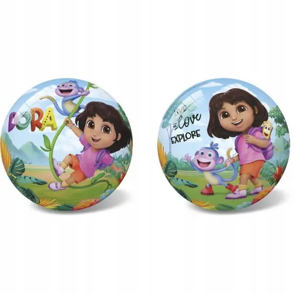 Dora i Boots na piłce z motywem dżungli i napisem.