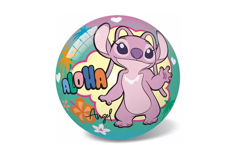 Różowa postać Stitch ze słowem Aloha na piłce.