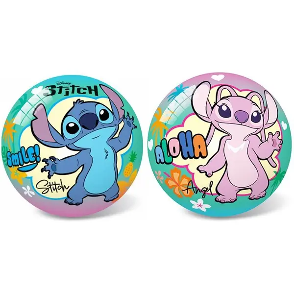 Dwie postacie Disneya, Stitch i Angel, na kolorowych piłkach z tropikalnymi wzorami.