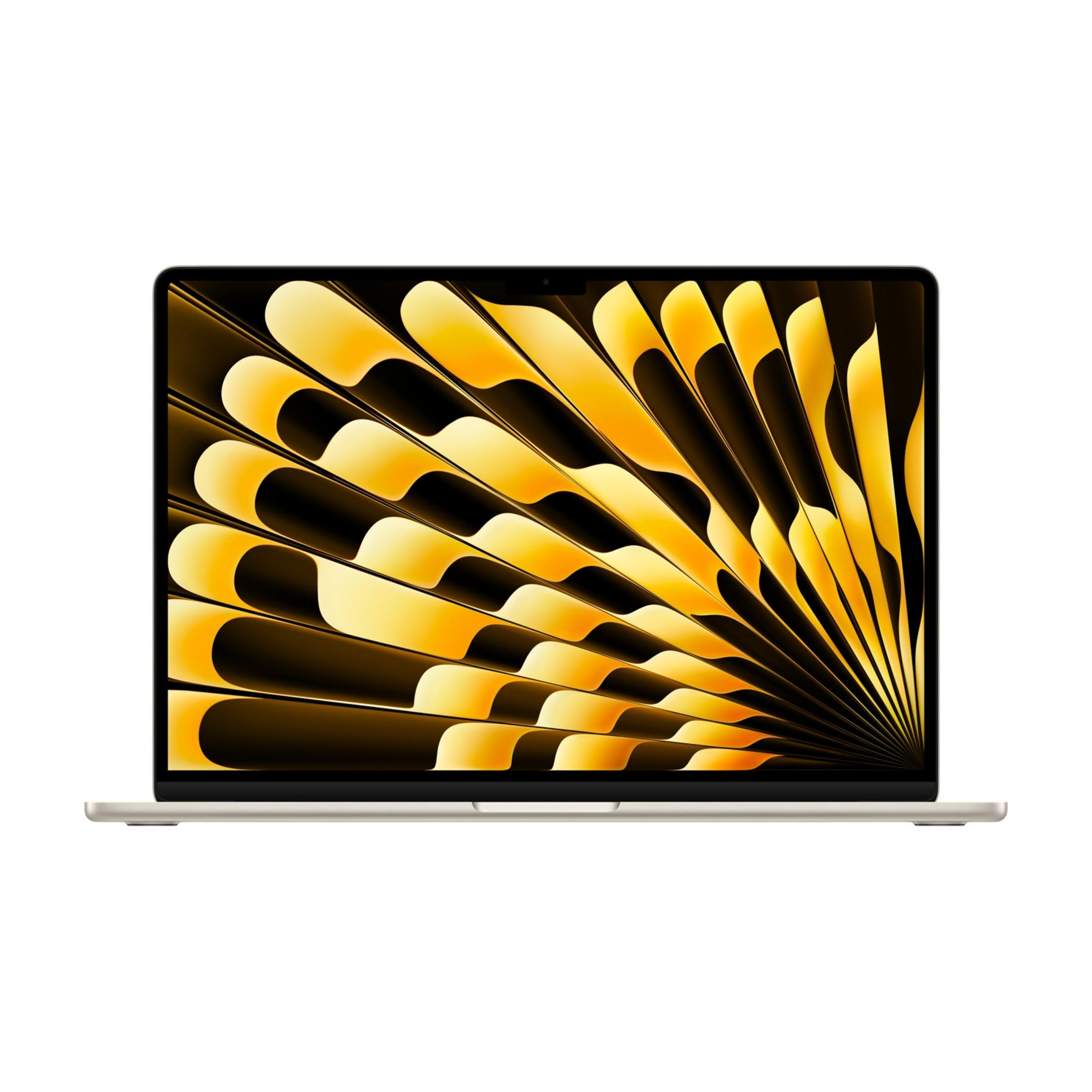 Un laptop oro chiaro con uno sfondo astratto a ventaglio nei toni del giallo e del nero.