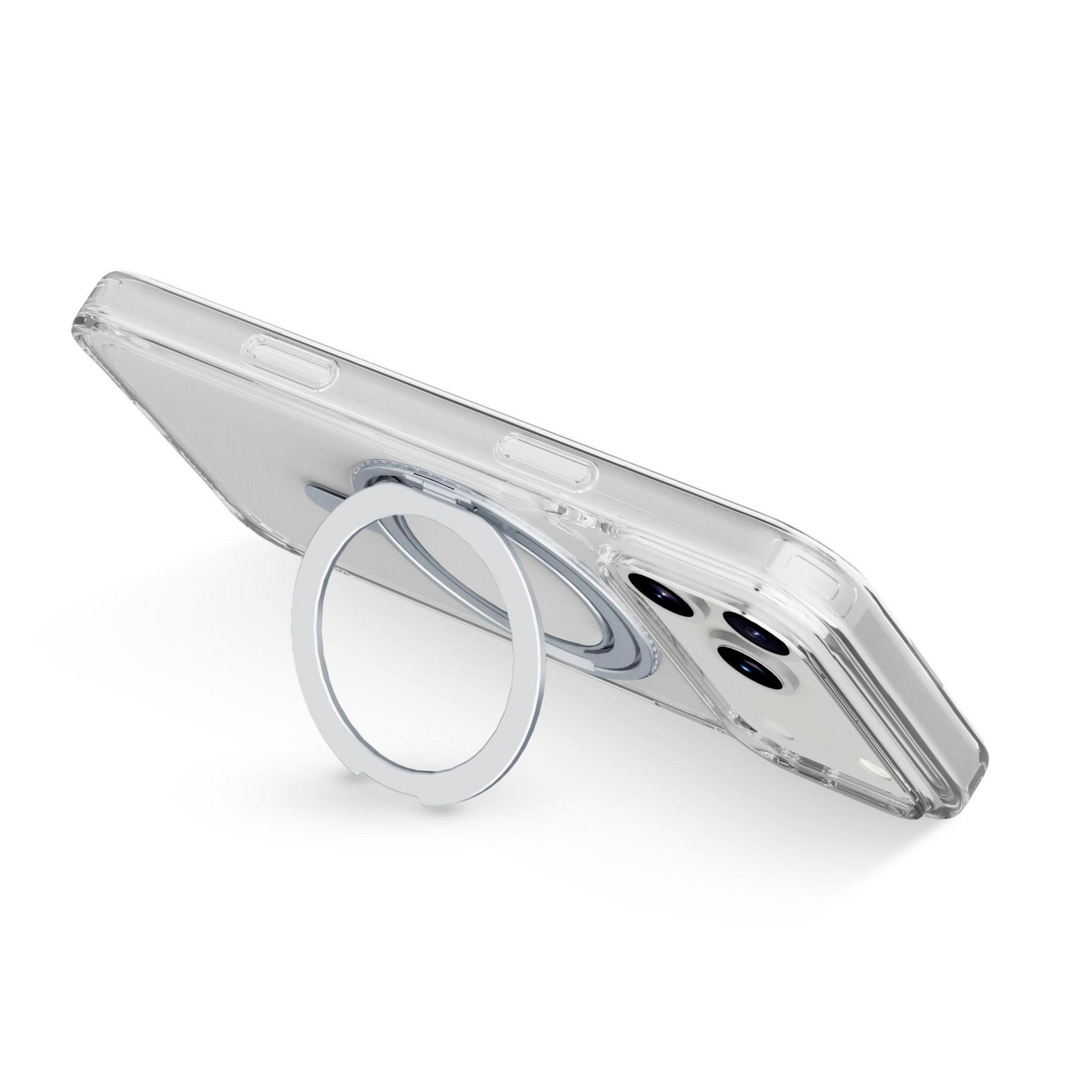 Une coque de téléphone transparente avec un support bague argenté sur fond blanc.