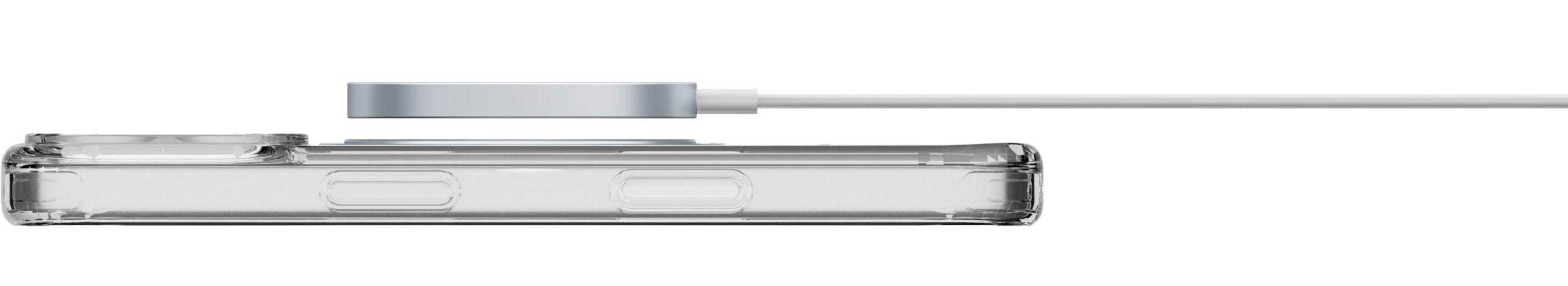 Une coque de téléphone transparente avec un chargeur argenté.