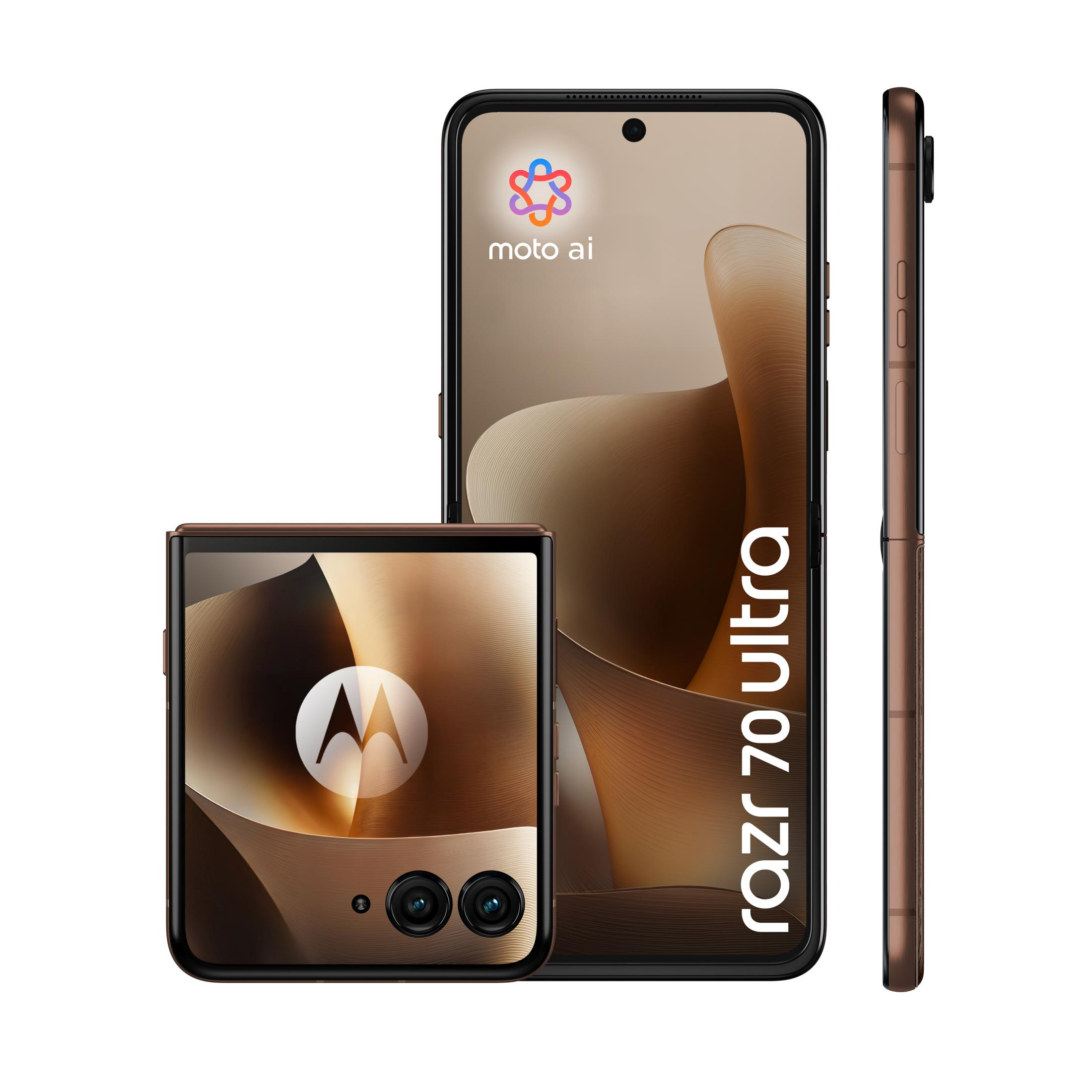 Tre viste di un telefono flip marrone con testo "razr 70 Ultra".