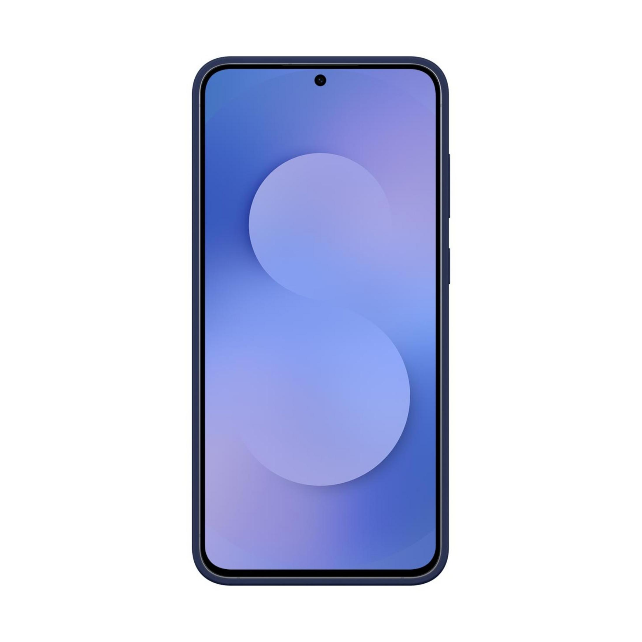 Uno smartphone scuro con sfondo blu e motivo rotondo.