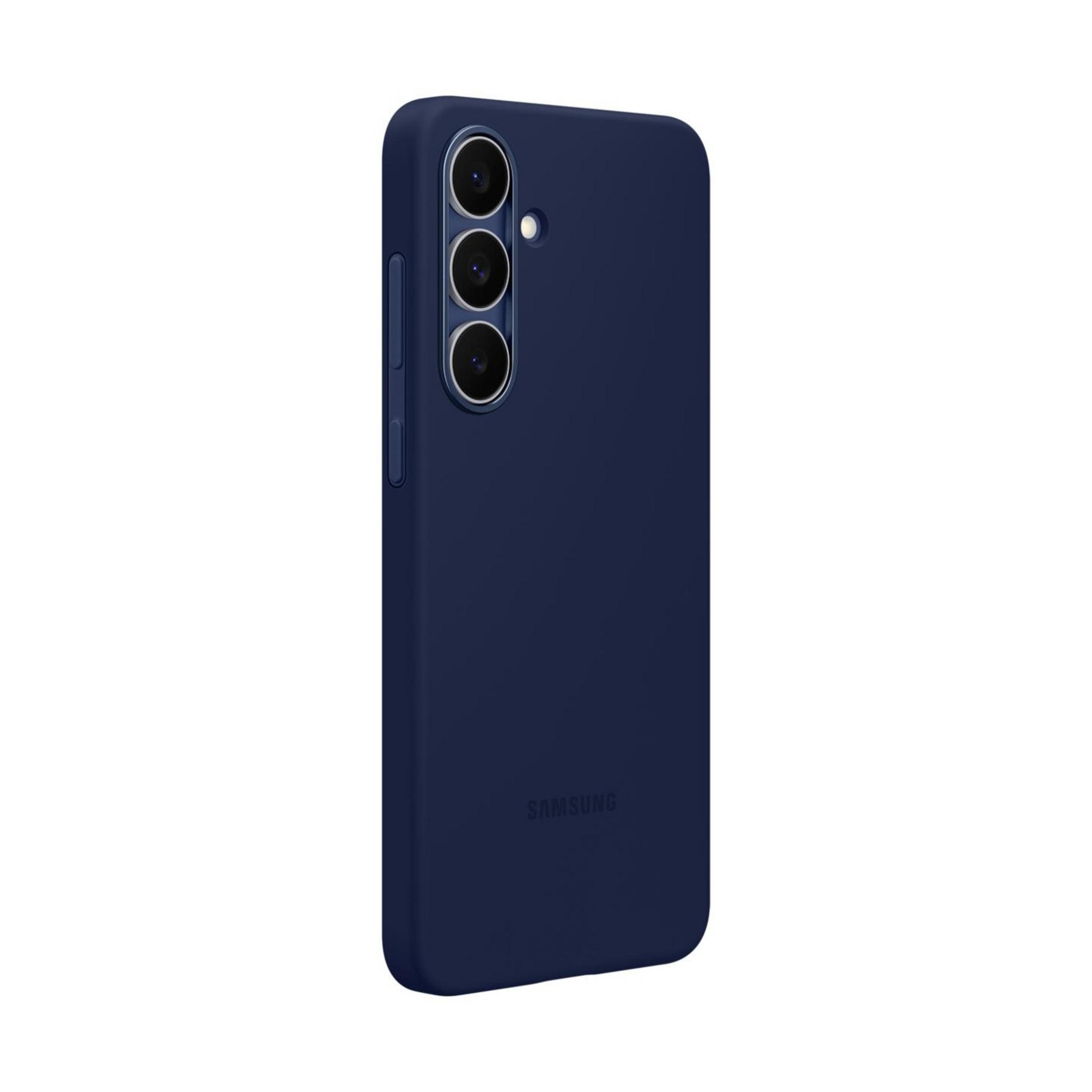 Custodia blu scuro per telefono con tre fotocamere e logo Samsung.