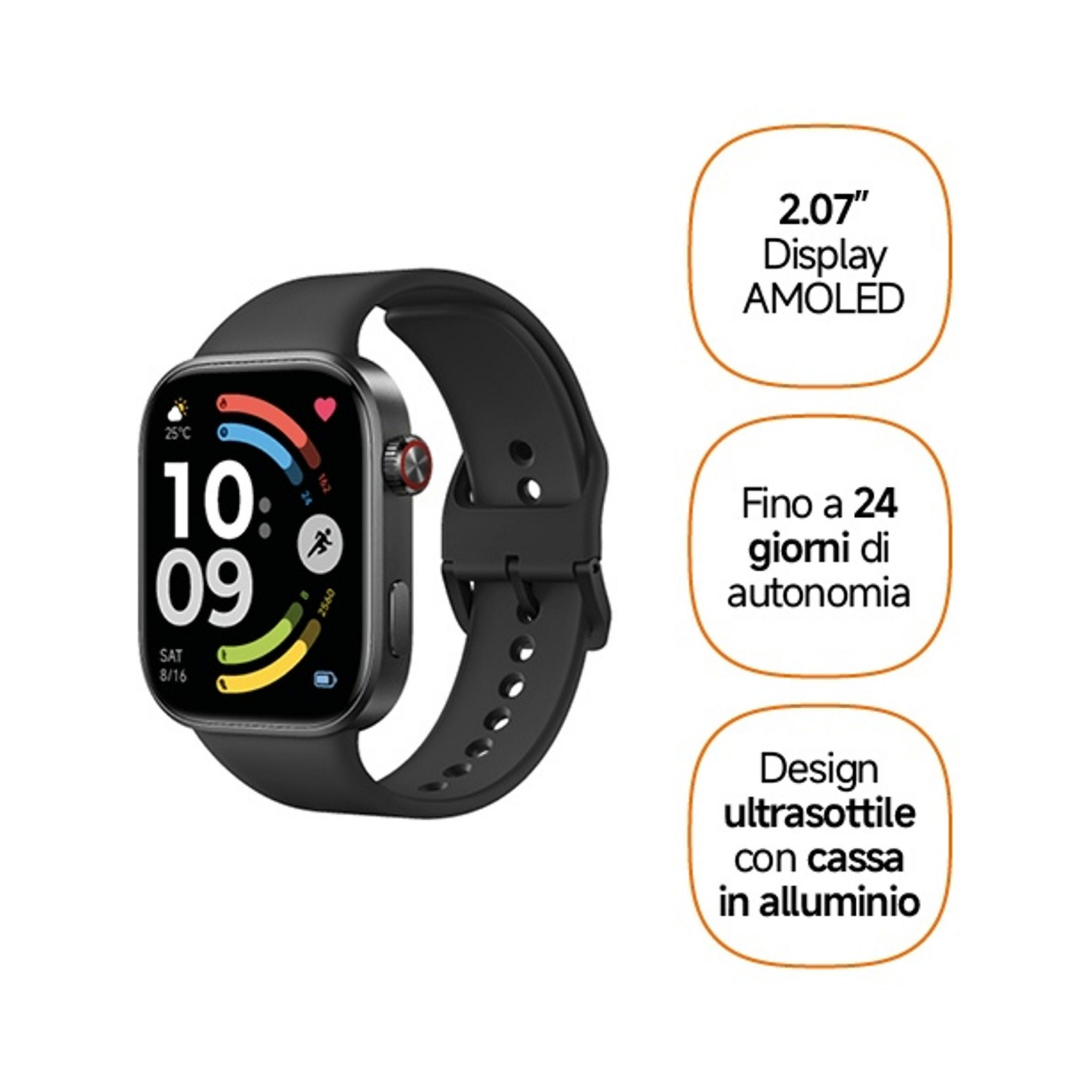 Schwarze Smartwatch mit AMOLED-Display, Zeit 10:09, Datum SAT 8/16.