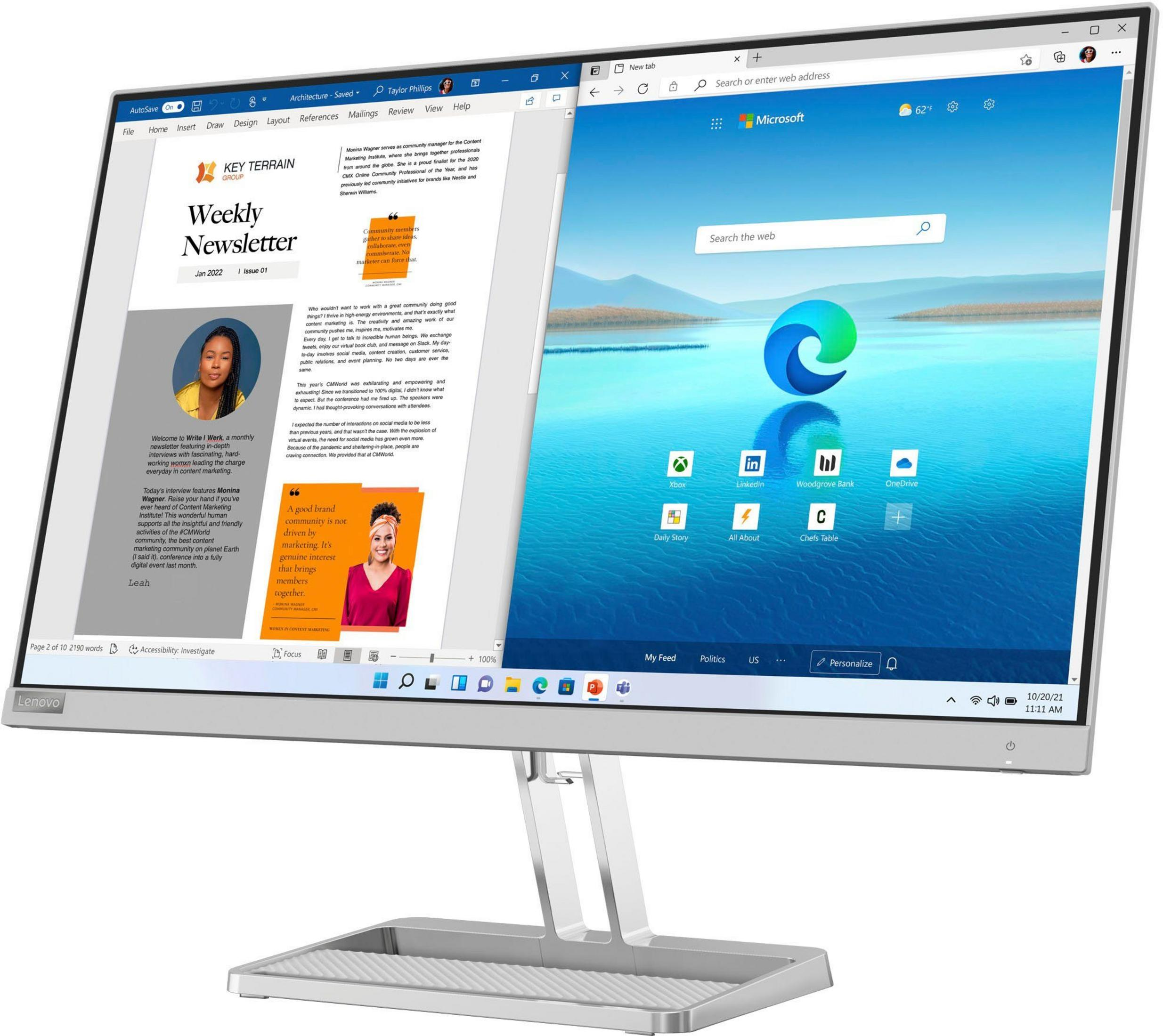 Un monitor Lenovo mostra una "Weekly Newsletter" e il browser Microsoft Edge.