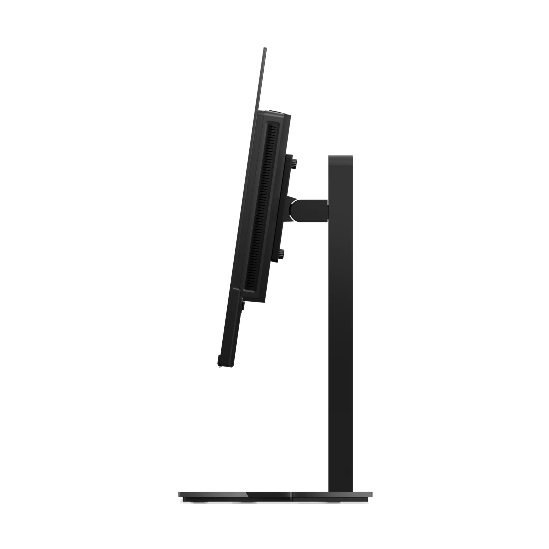 Vista laterale di un monitor nero con cornice sottile su un supporto.