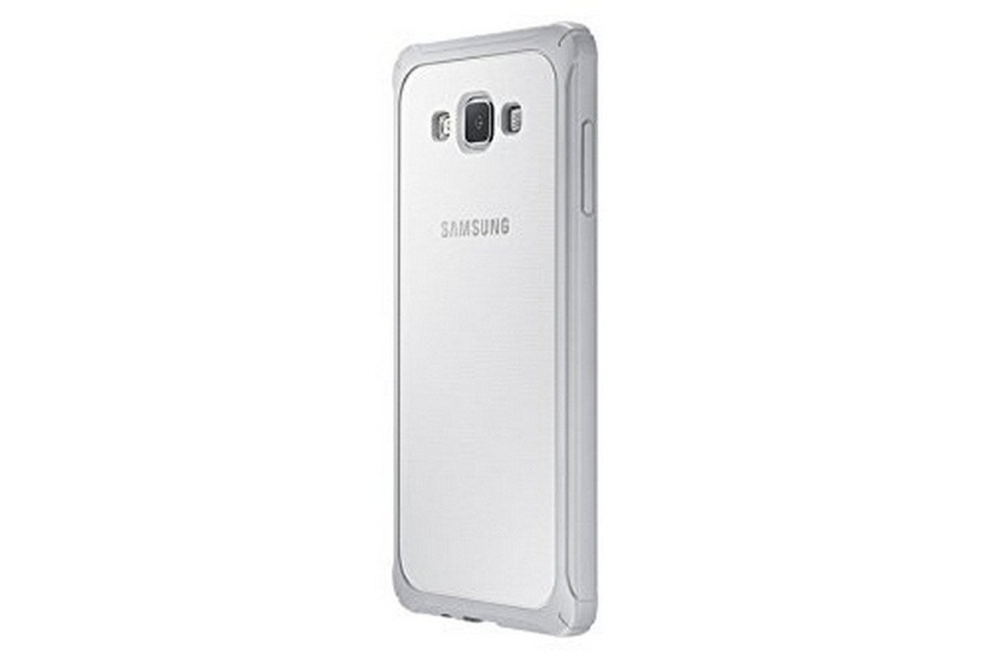 Una cover bianca per Samsung con retro trasparente e bordo grigio.