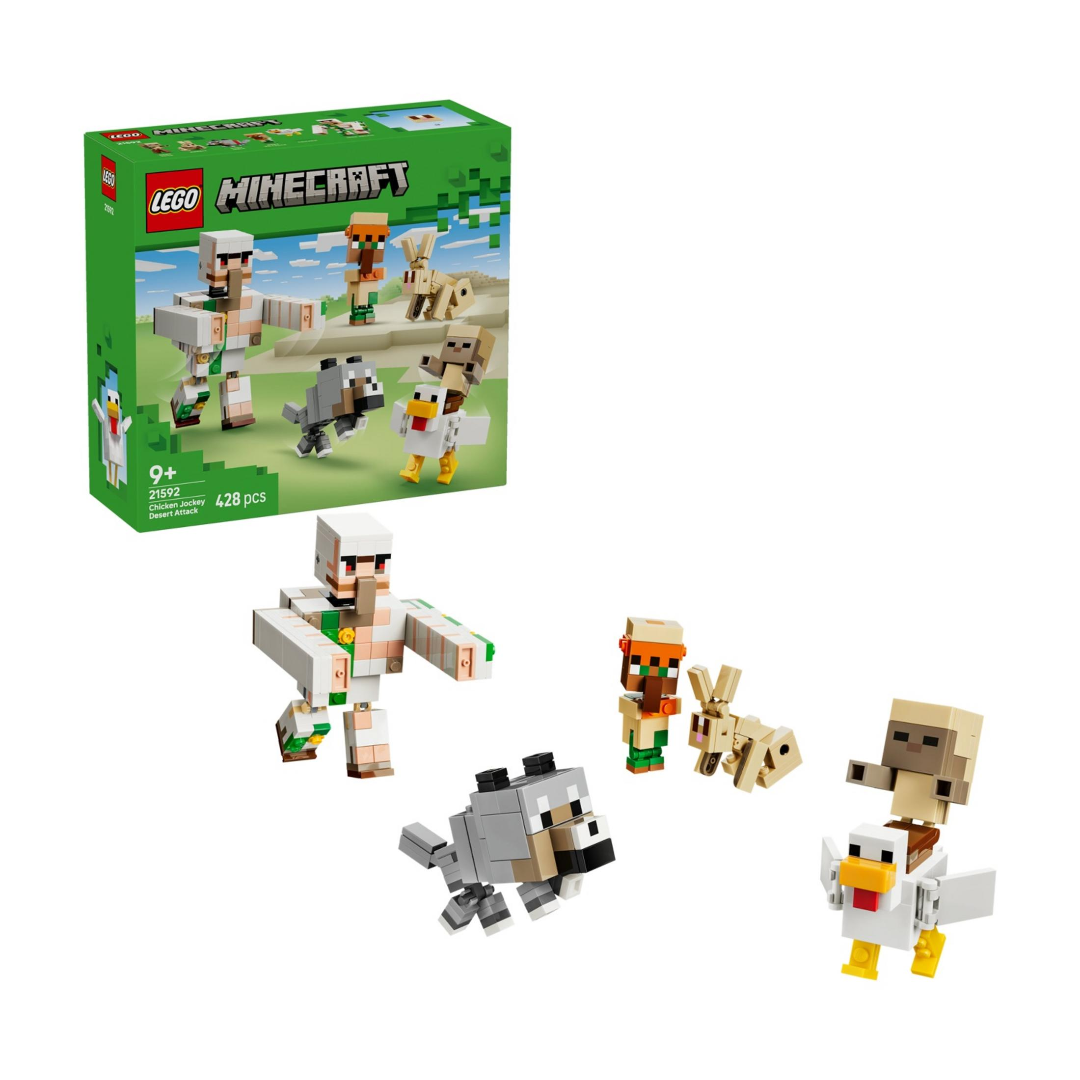 Golem, kurt, binicili tavuk, tavşan ve köylü içeren LEGO Minecraft seti.