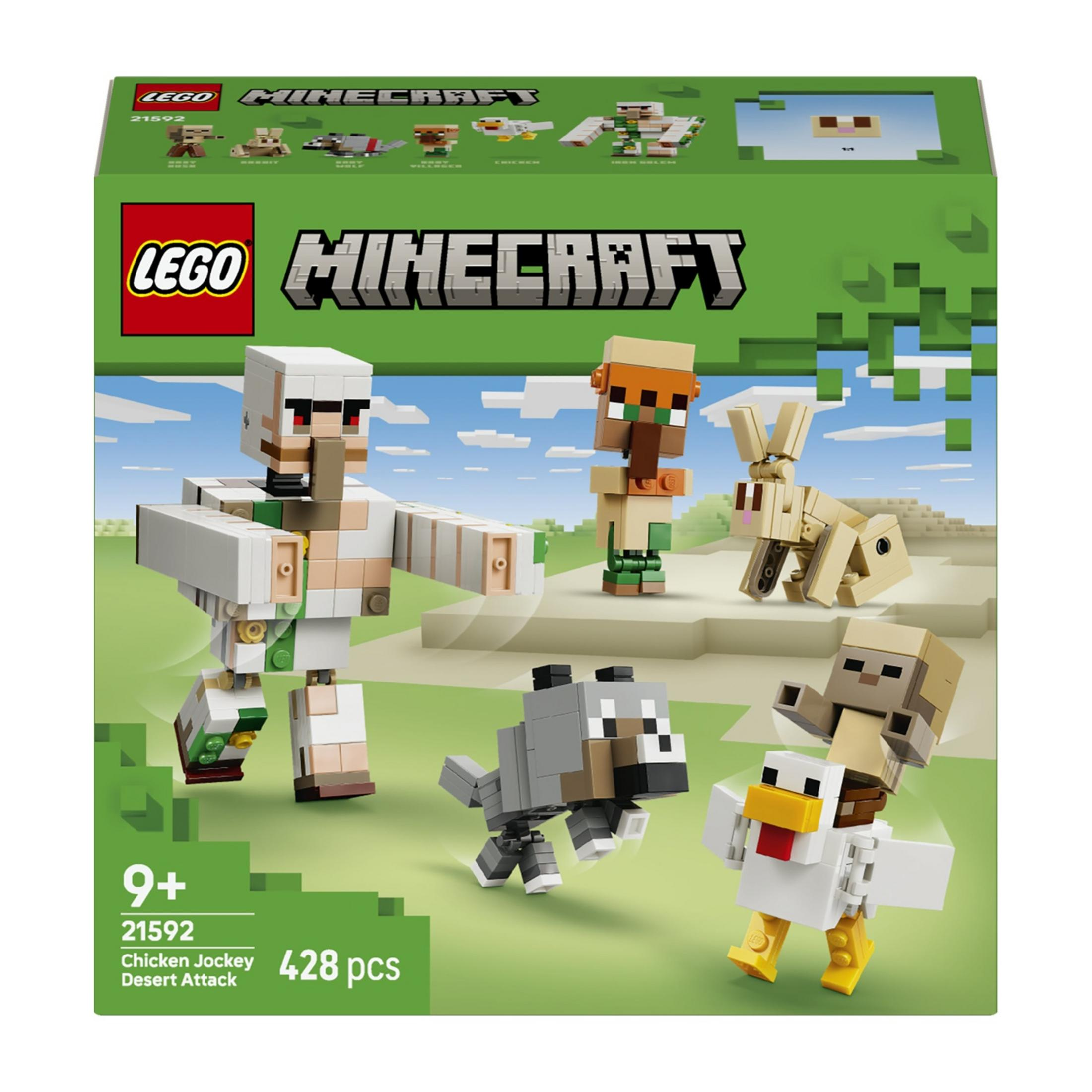 Lego Minecraft seti figürlerle: Demir Golem, tavuk, kurt, tavşan, köylü.