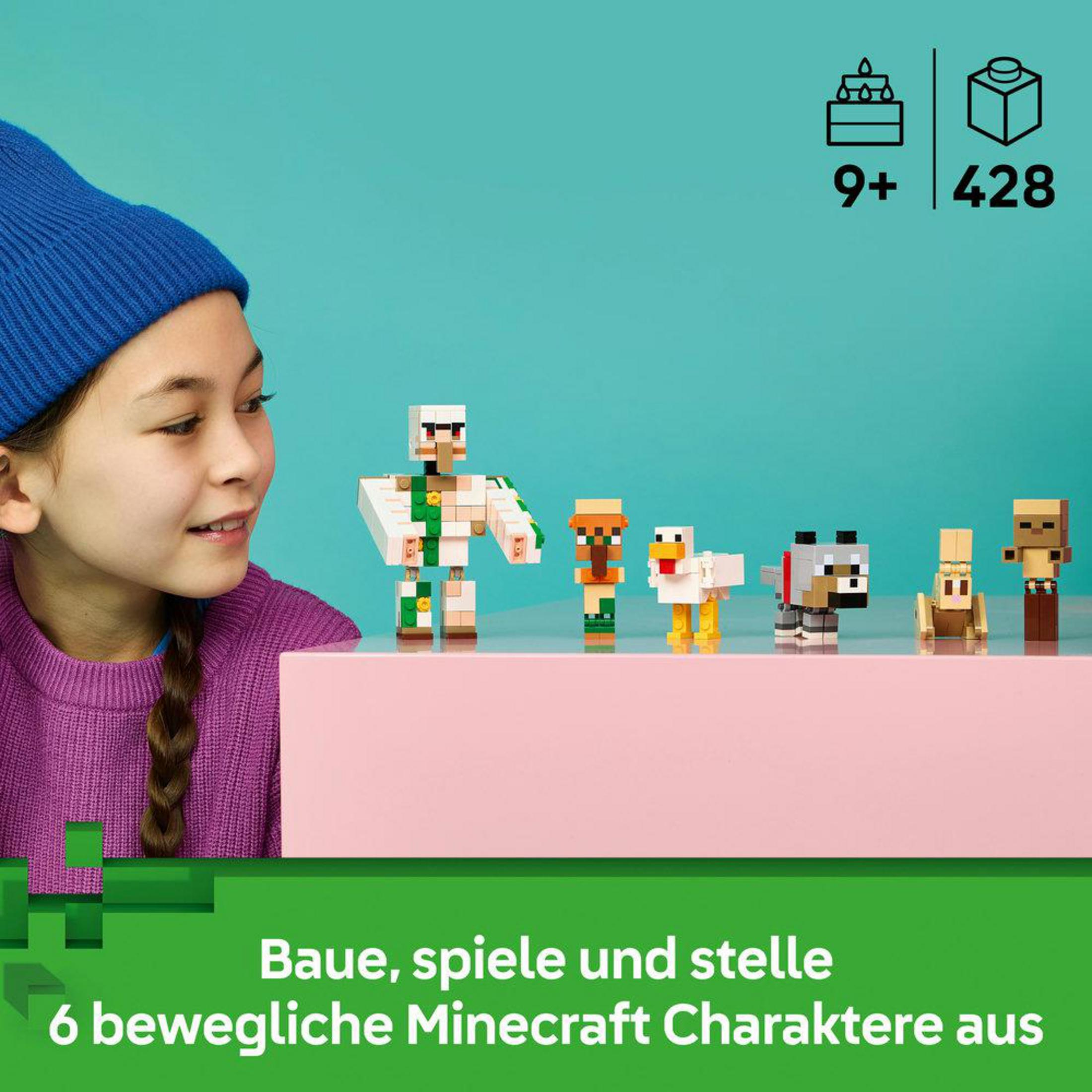 Mavi şapkalı bir kız, bloklardan yapılmış Minecraft figürlerine bakıyor.