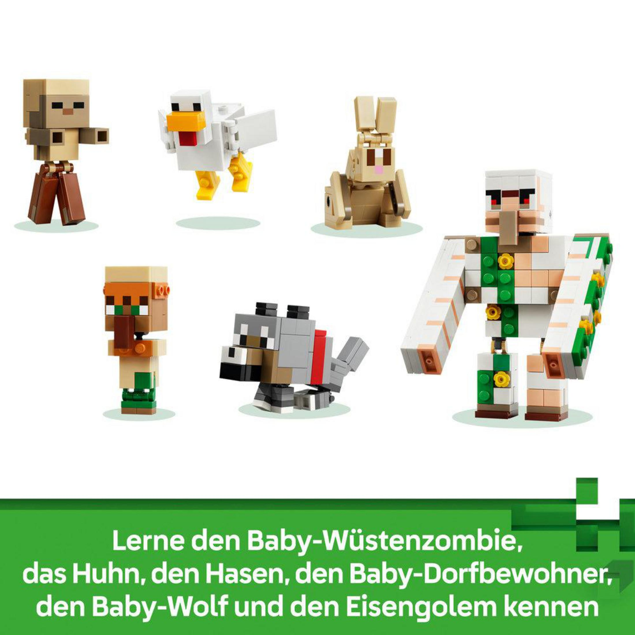 Minecraft figürleri: Bebek zombi, tavuk, tavşan, köylü, kurt, demir golemi.