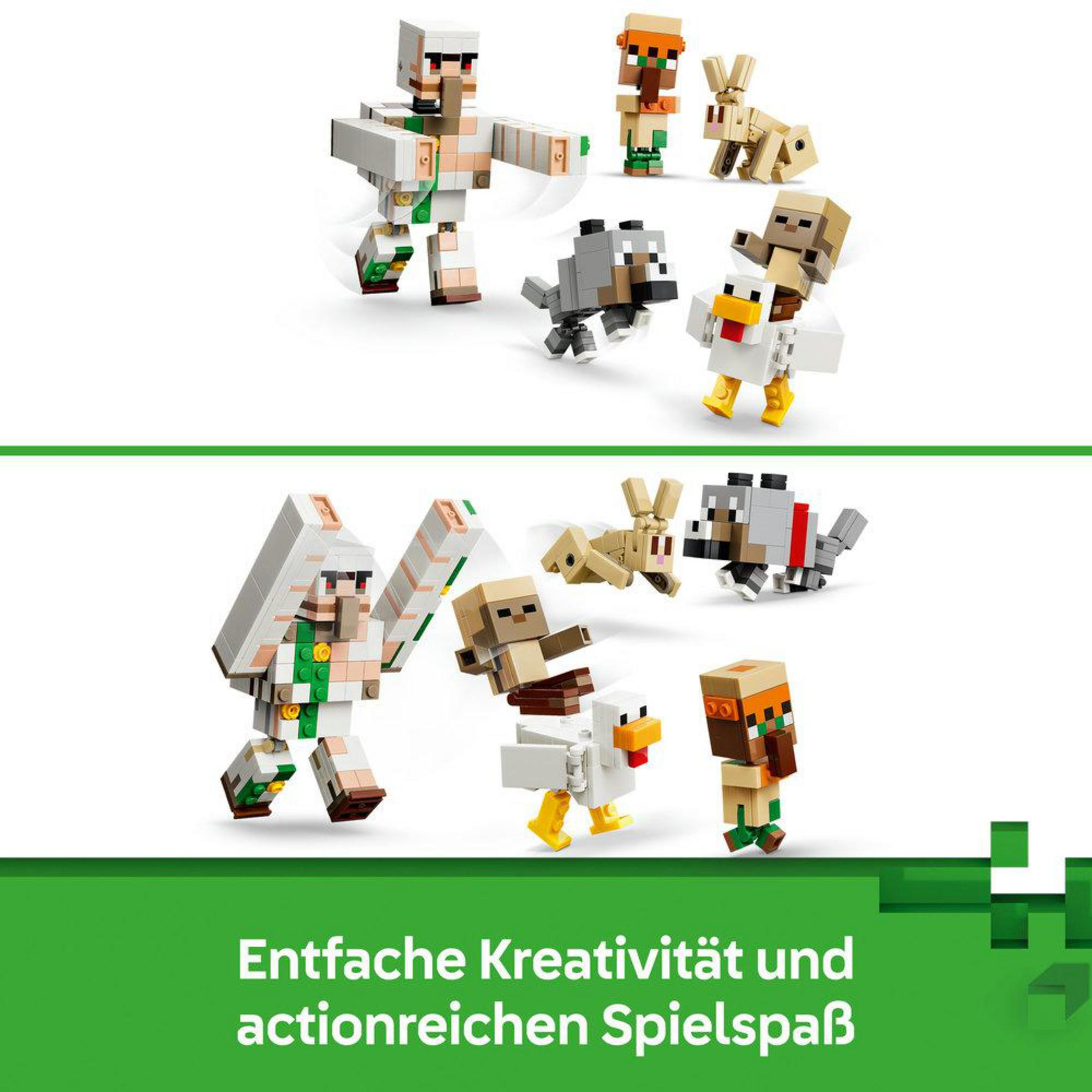 LEGO Minecraft figürleri: Golem, Köylü, Tavşan, Kurt ve Tavuk.