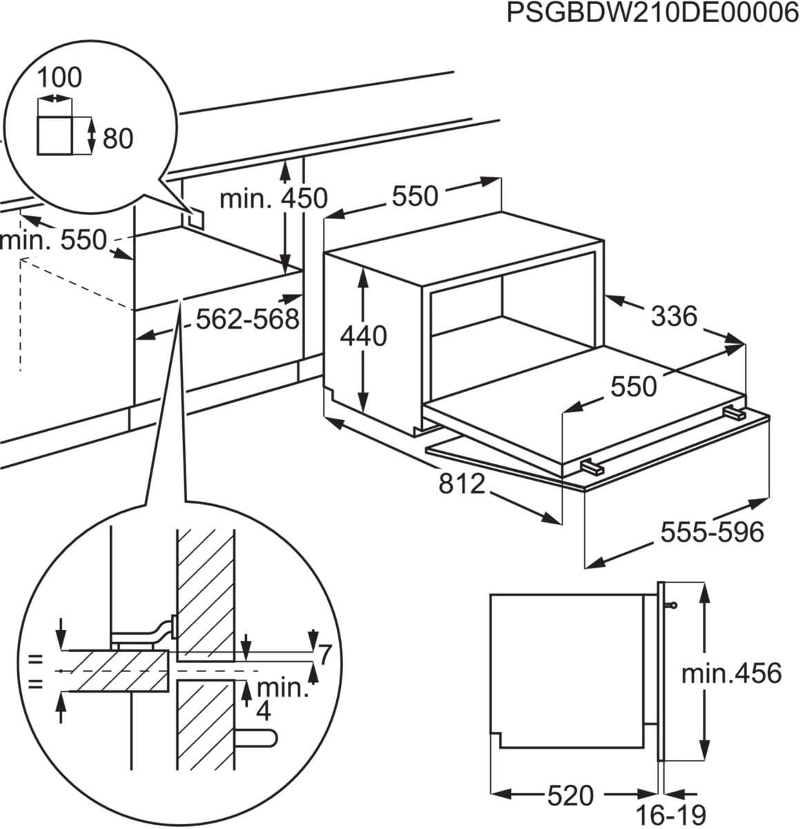 Disegno tecnico con dimensioni per elettrodomestici da incasso, con zoom.