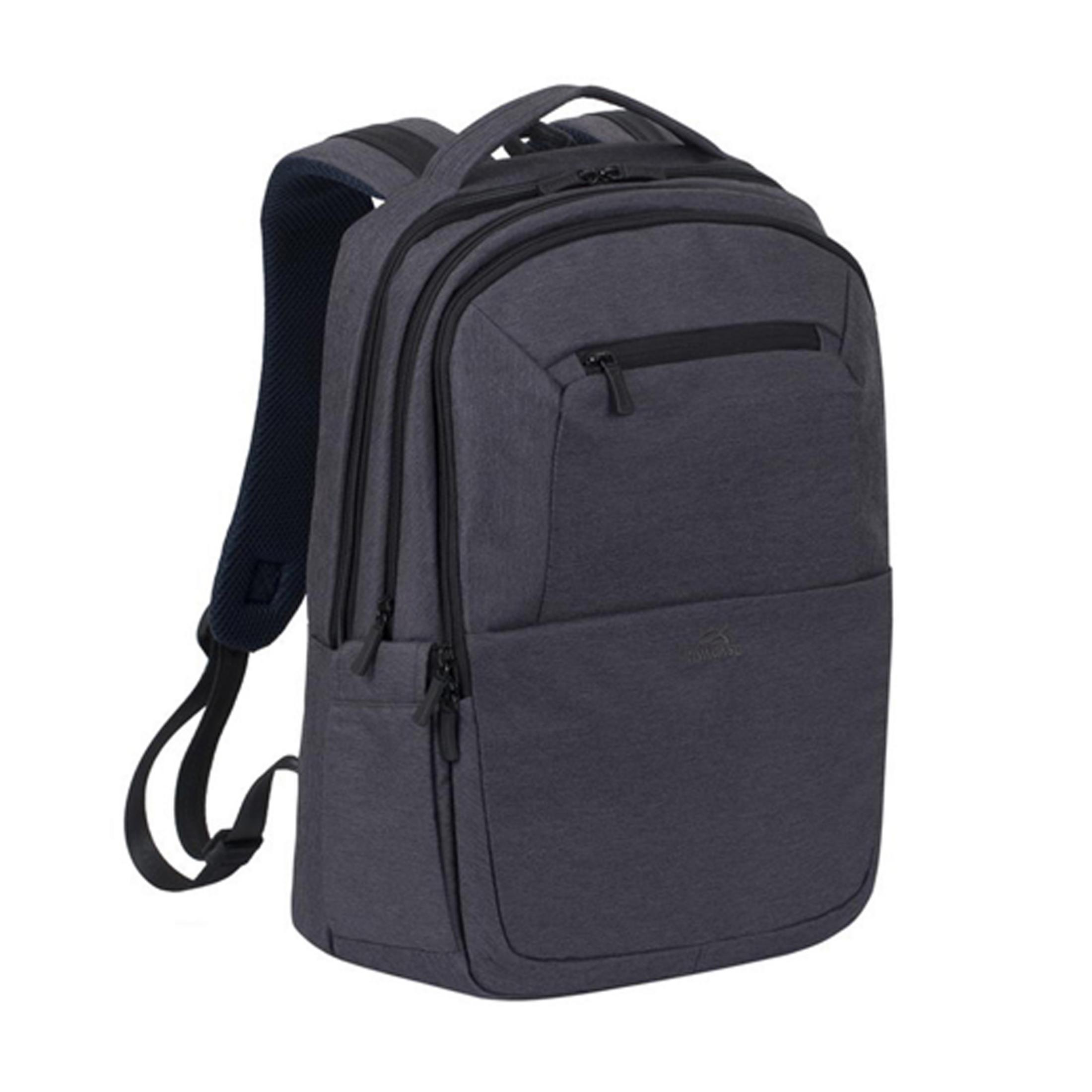 Zaino grigio scuro con due spallacci e tasche con cerniera.