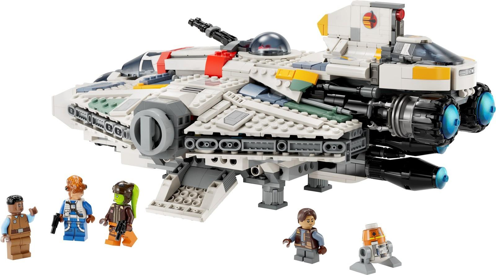 Ein weißes Lego-Raumschiff mit blauen Triebwerken und sechs Minifiguren.