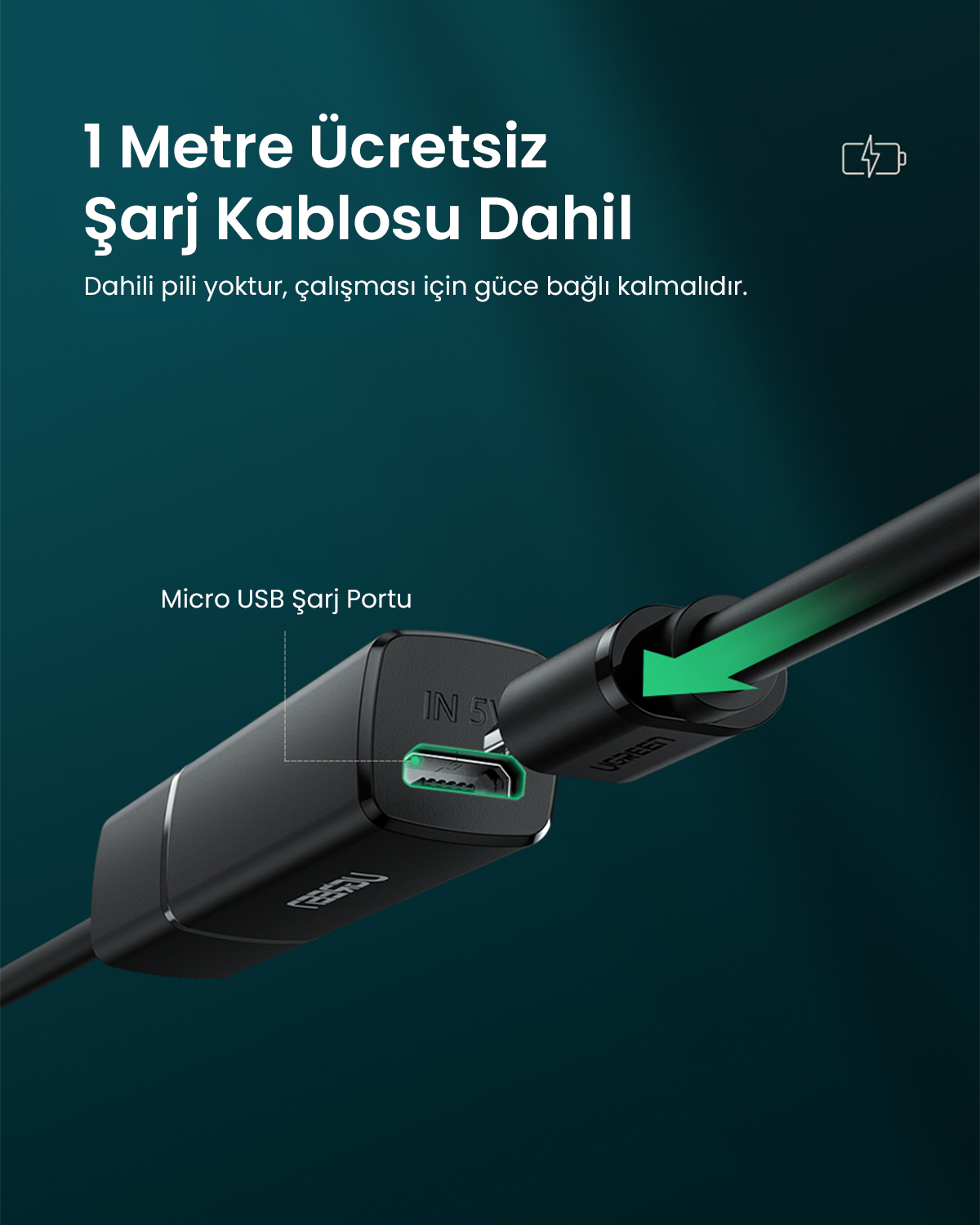 Micro USB portlu ve şarj kablolu siyah güç adaptörü.