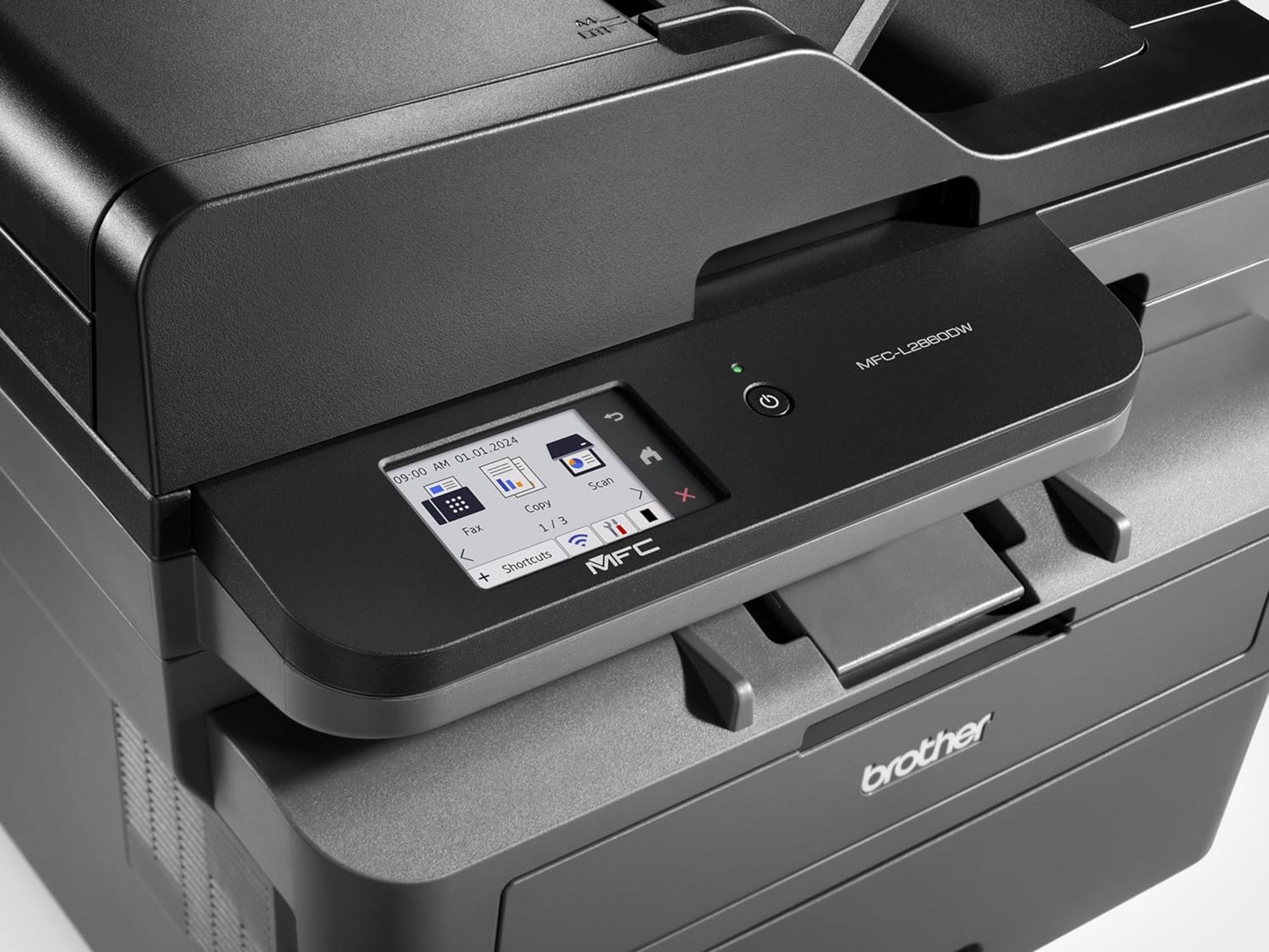 Een zwarte Brother MFC-L2860DW printer met touchscreen toont Fax-, Kopieer- en Scanopties.