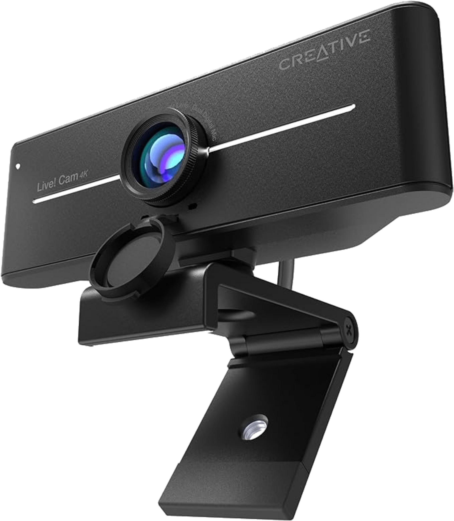 Webcam Creative Live! Cam 4K nera con copriobiettivo e supporto regolabile.