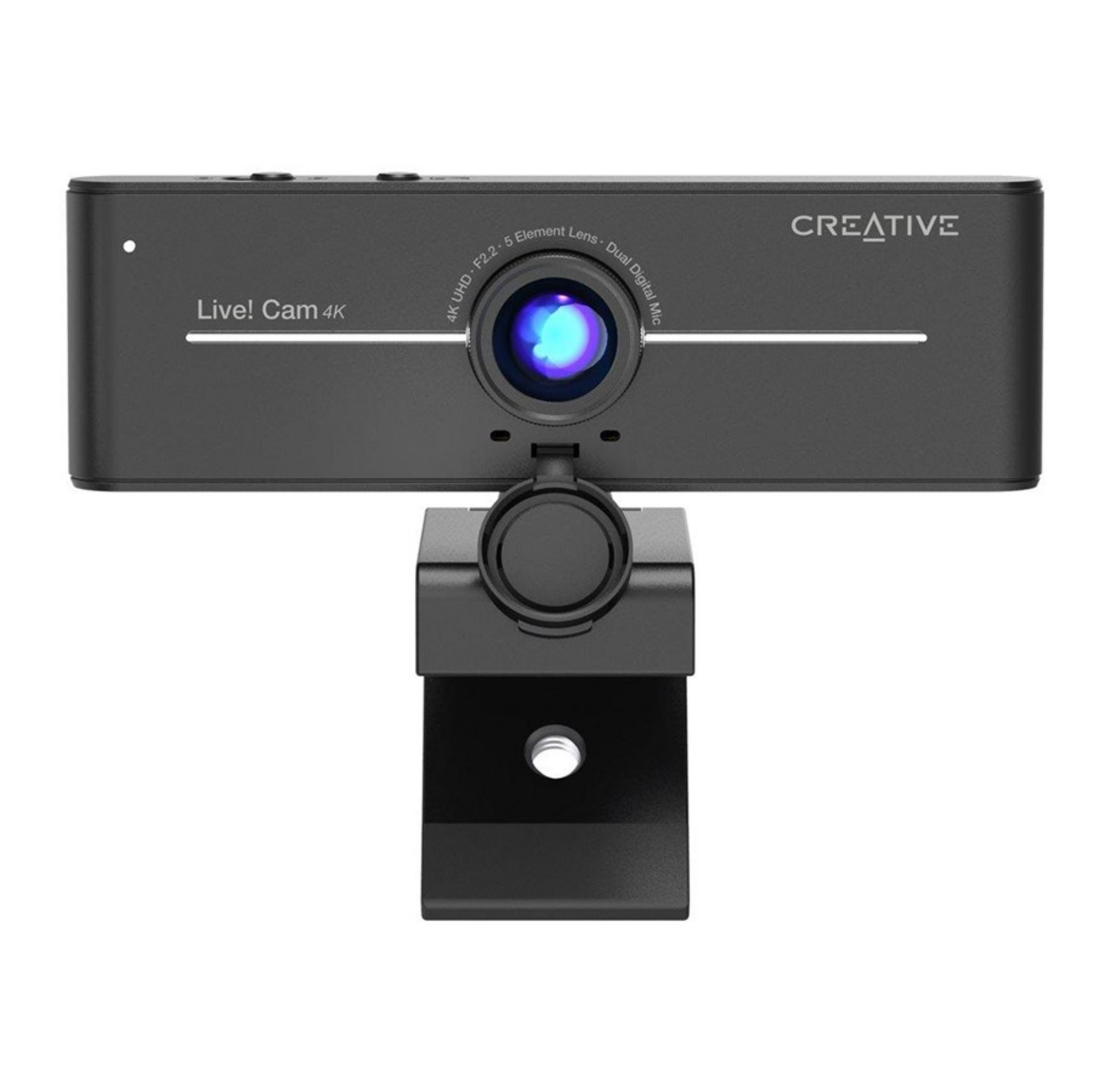 Una webcam nera 4K con microfoni digitali duali è montata su un supporto nero.