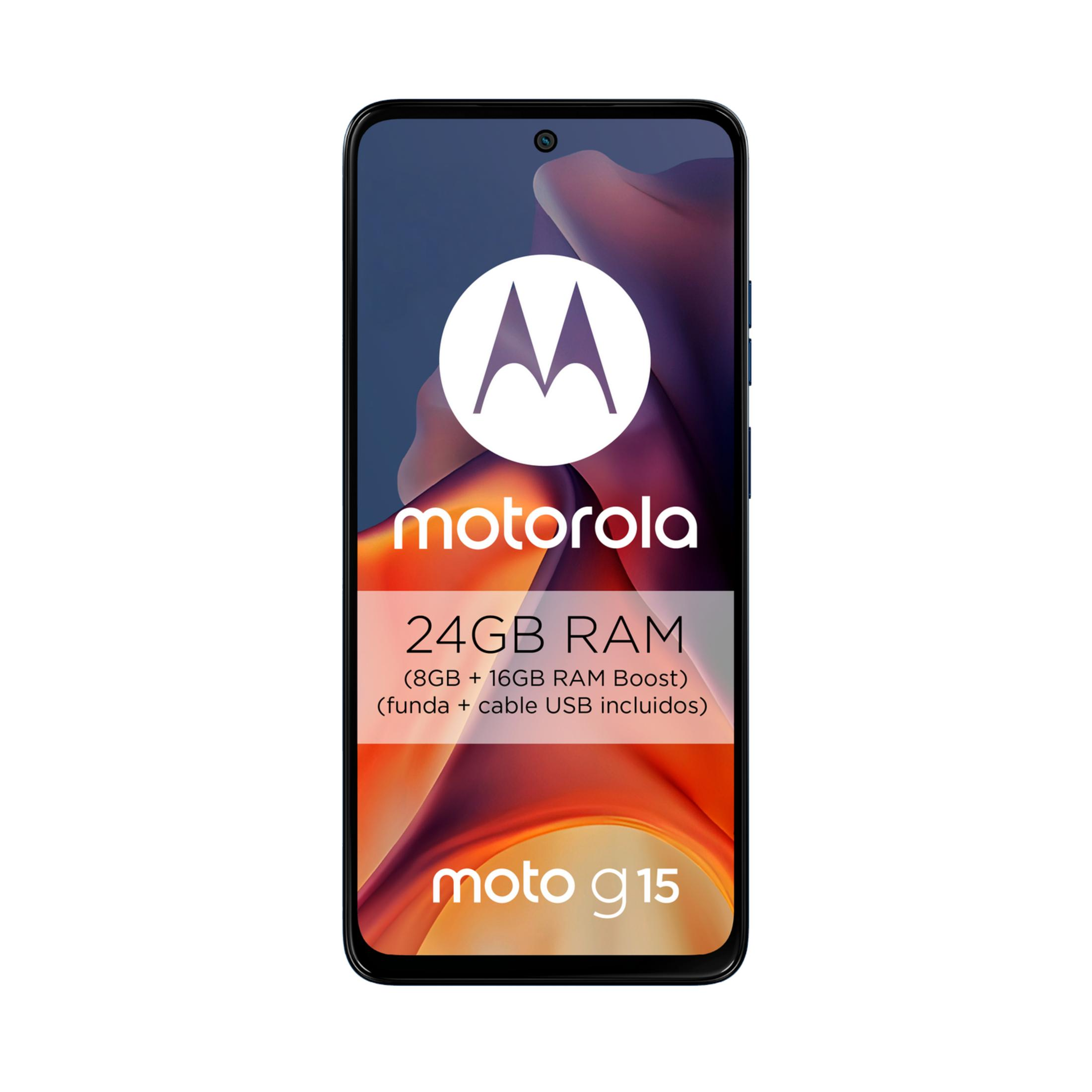 Motorola Moto G 15 Smartphone mit 24GB RAM, Hülle und USB-Kabel.