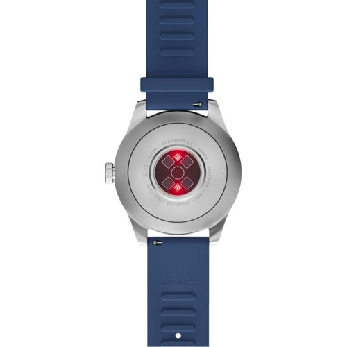 Rückseite einer Smartwatch mit blauem Armband und silbernem Gehäuse. Roter Sensor.