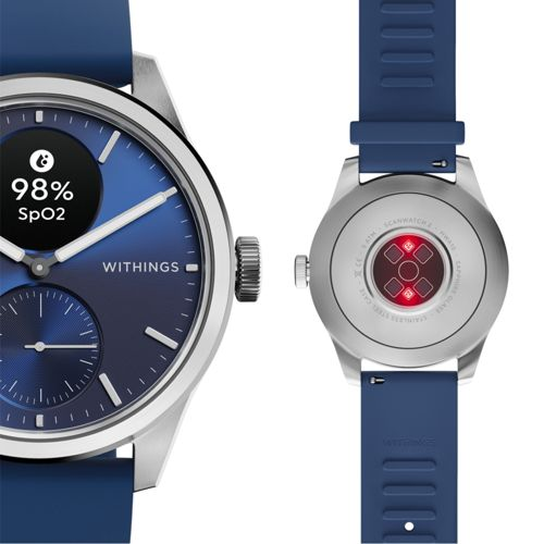 Nahaufnahme einer blauen Smartwatch. Vorderseite zeigt 98% SpO2, Rückseite hat Sensoren.