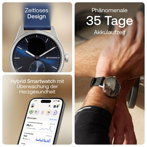 Uhr mit blauem Zifferblatt, App und Armansicht. "35 Tage Akkulaufzeit".