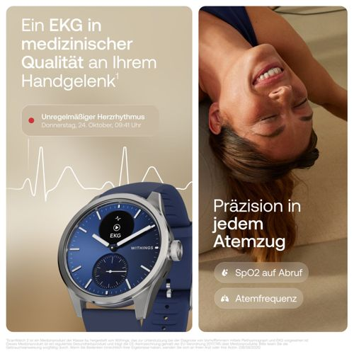Smartwatch mit EKG-Funktion und Atemüberwachung, neben einer Frau, die lächelt.